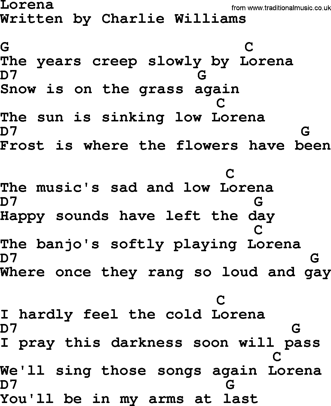Johnny Cash song Lorena, lyrics and chords