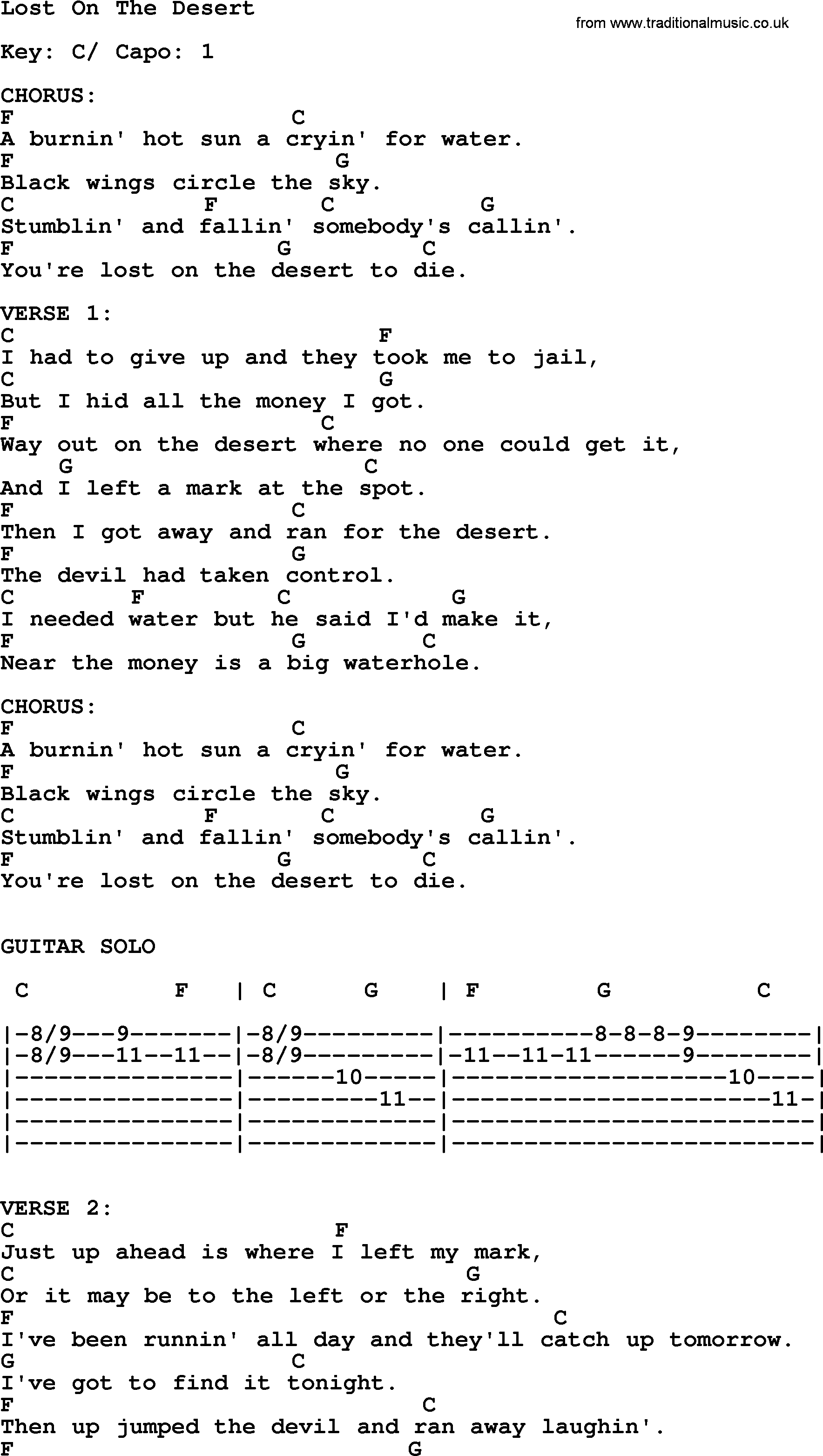 Johnny Cash song Lost On The Desert, lyrics and chords