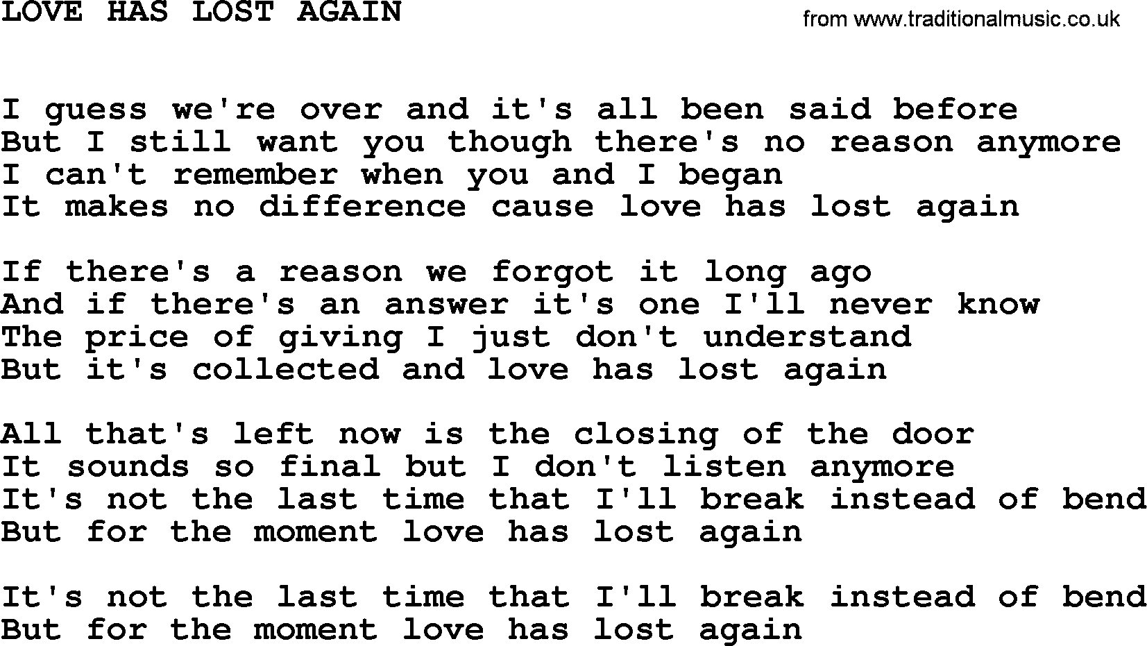 Johnny Cash song Love Has Lost Again.txt lyrics