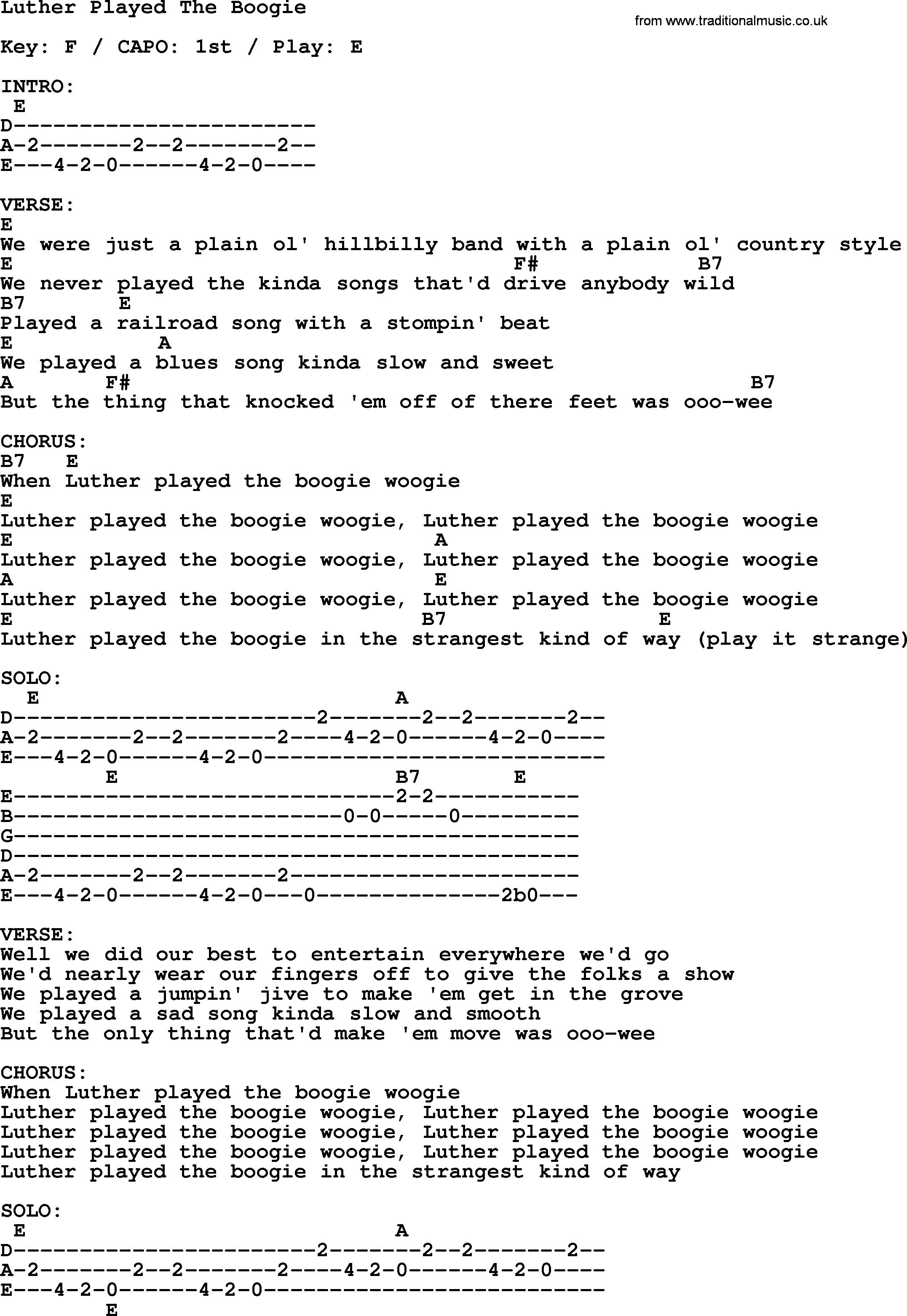 Johnny Cash song Luther Played The Boogie, lyrics and chords