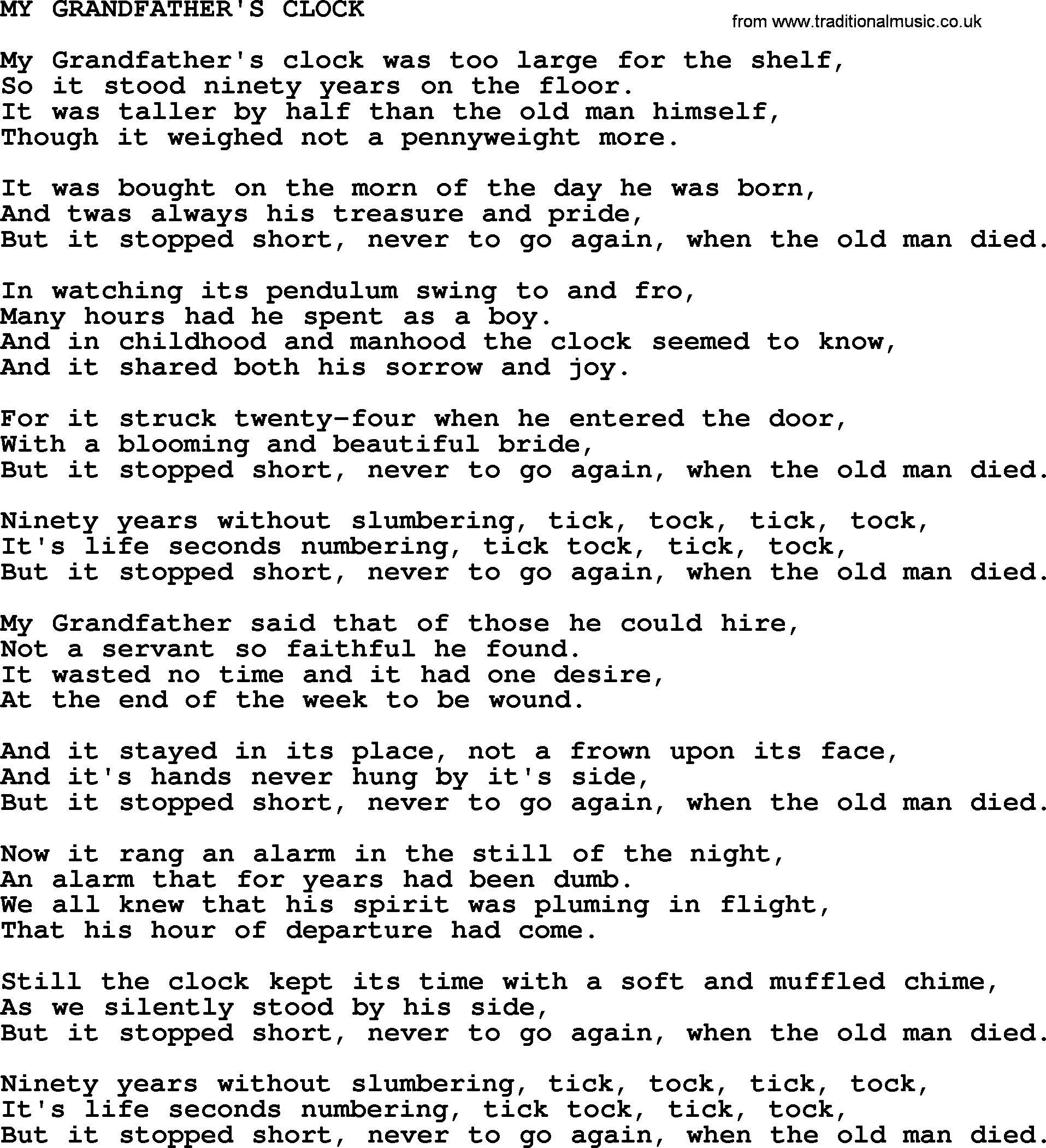 Johnny Cash song My Grandfather's Clock.txt lyrics