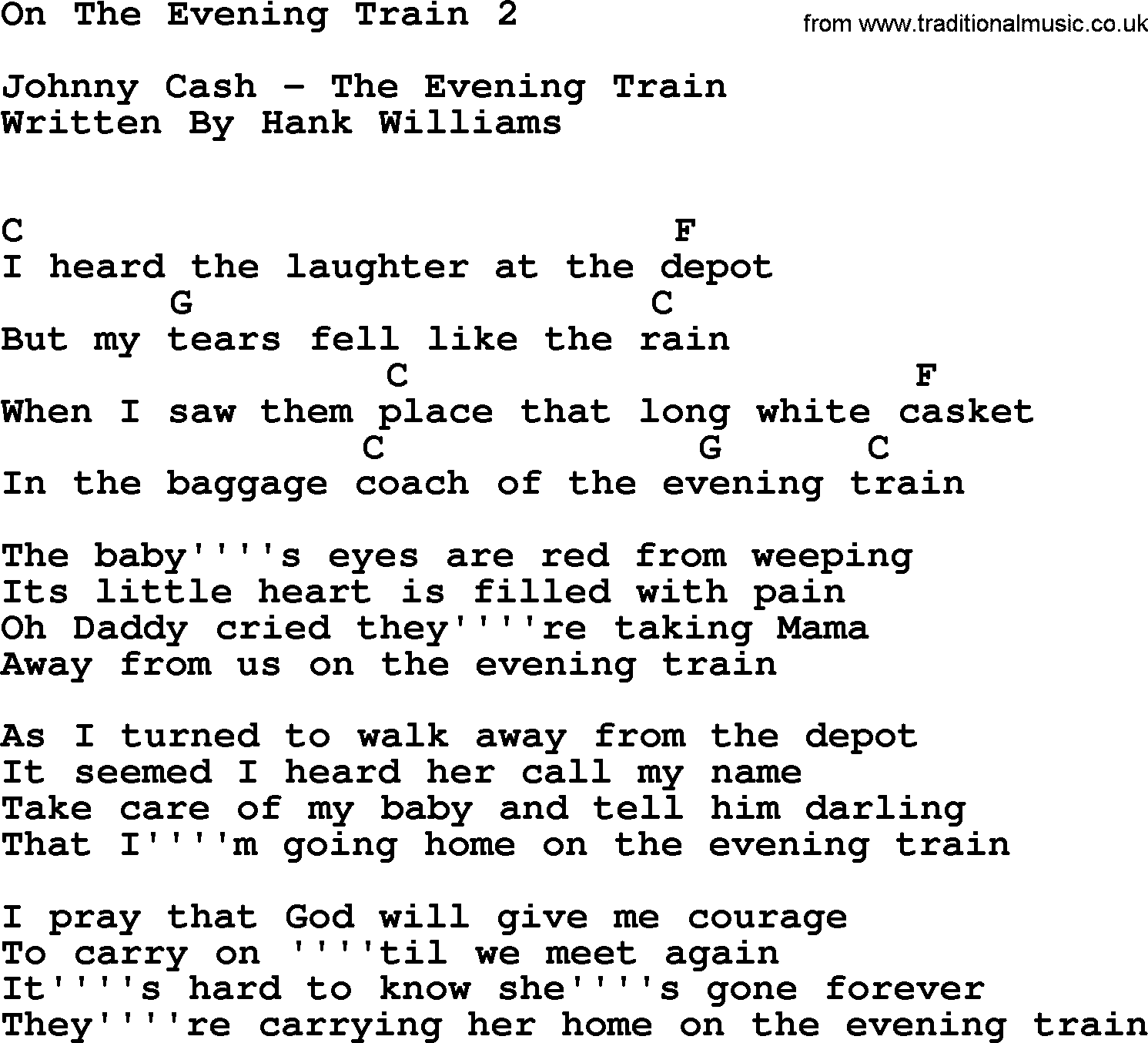 Johnny Cash song On The Evening Train 2, lyrics and chords