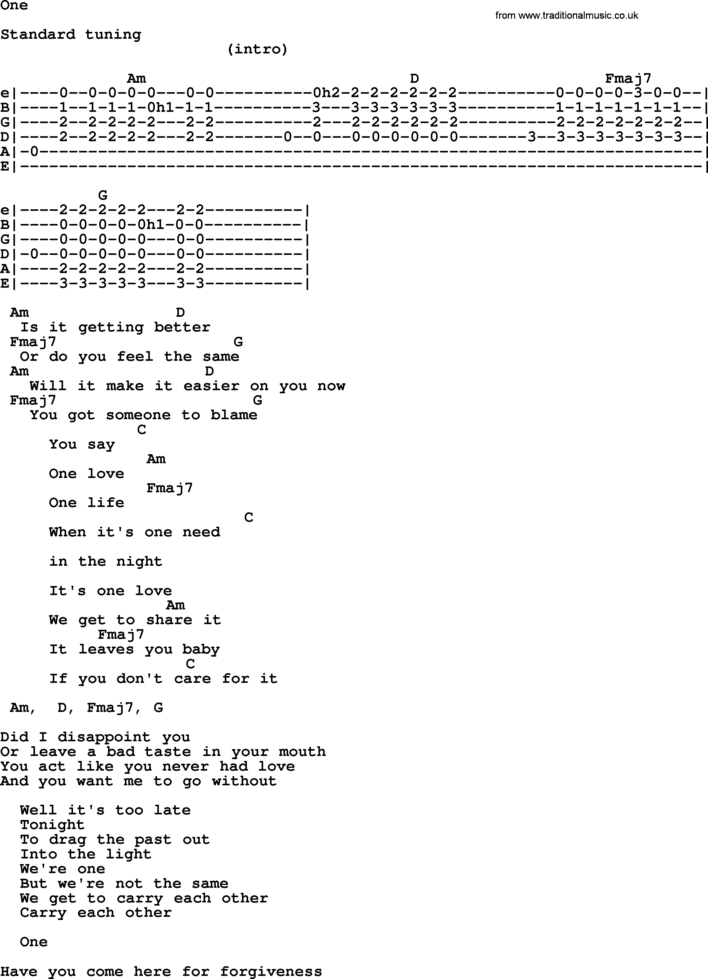 Johnny Cash song One, lyrics and chords