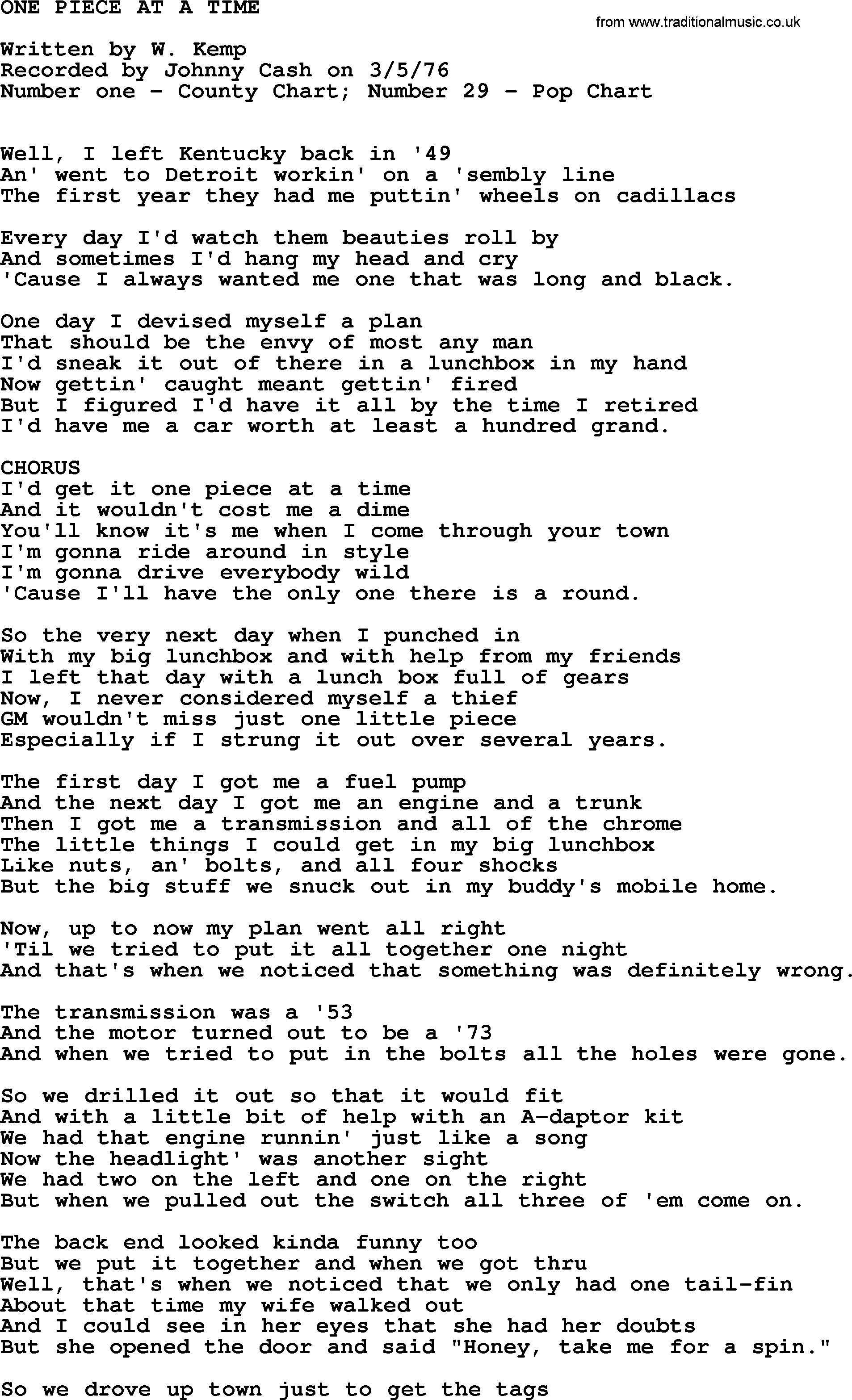 Johnny Cash song One Piece At A Time.txt lyrics