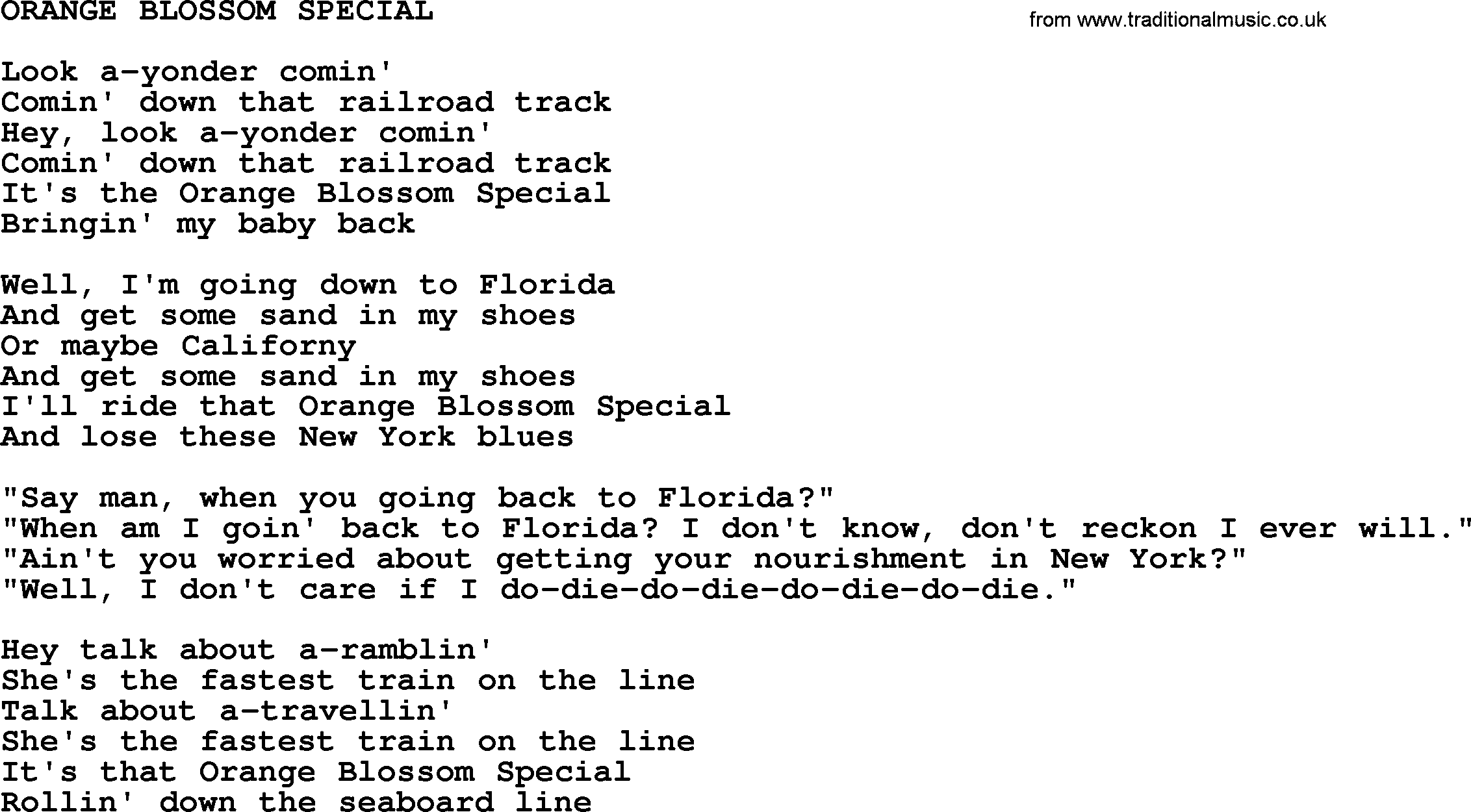 Johnny Cash song Orange Blossom Special.txt lyrics
