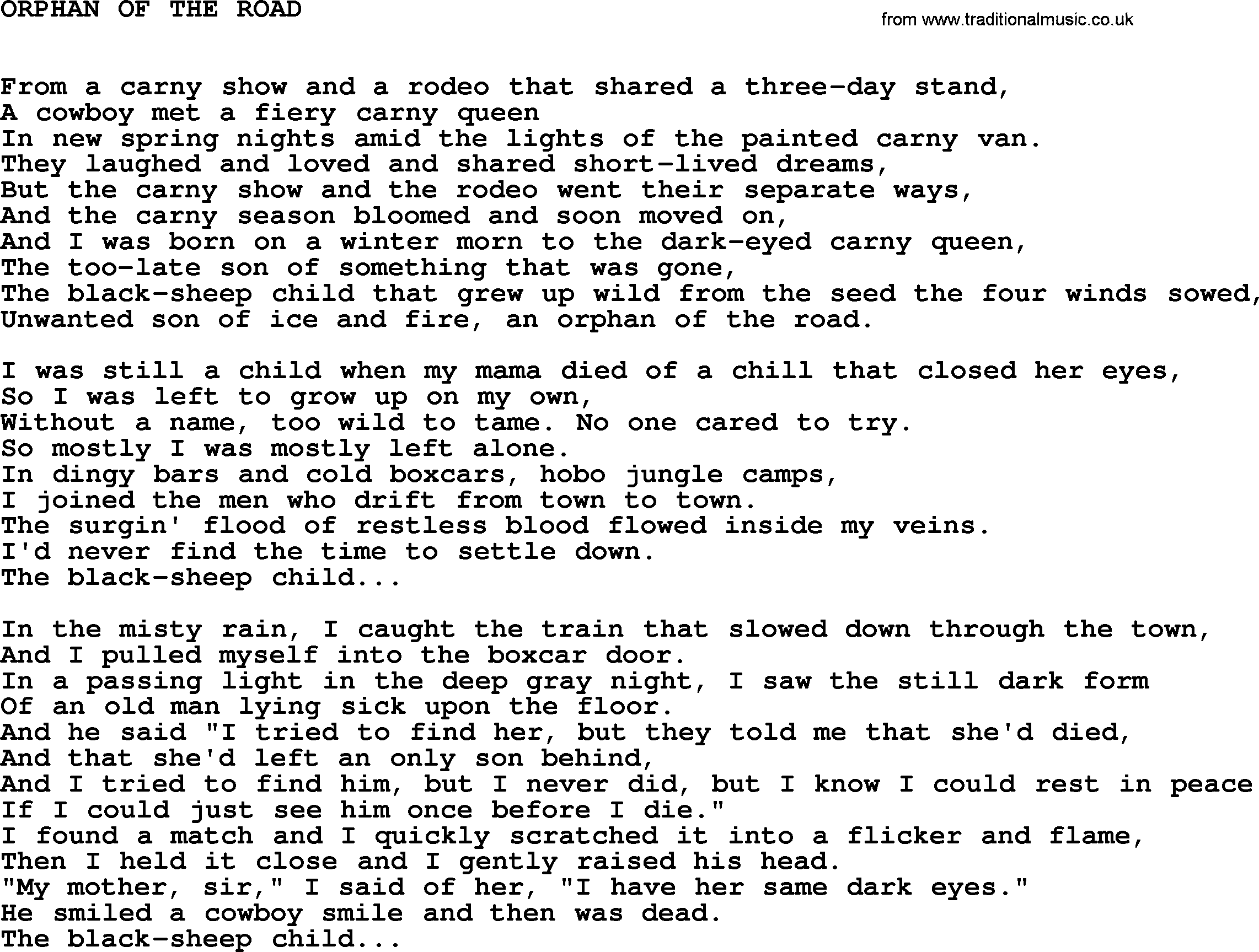 Johnny Cash song Orphan Of The Road.txt lyrics