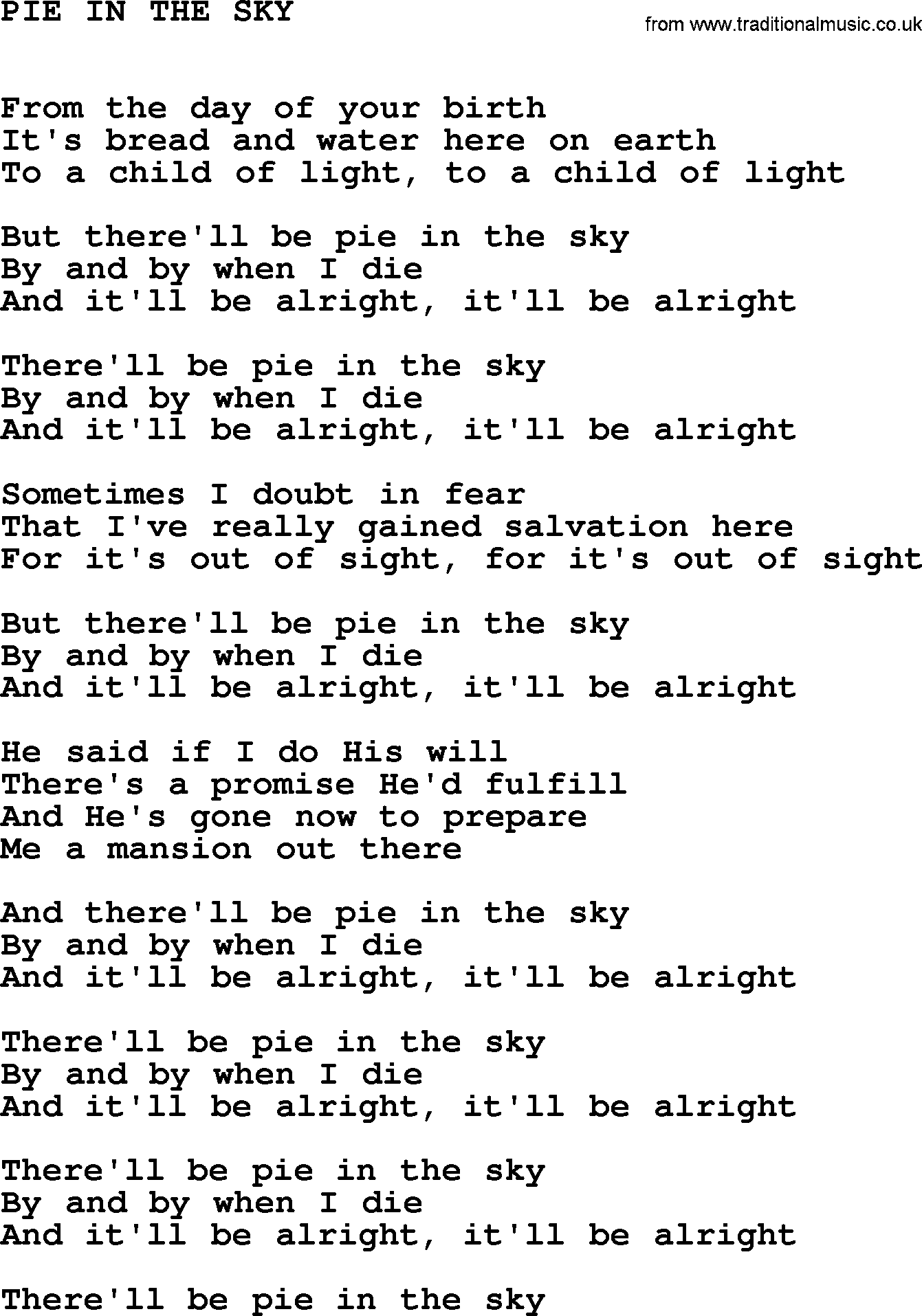 Johnny Cash song Pie In The Sky, lyrics Johnny Cash song Pie In The Sky, lyrics
