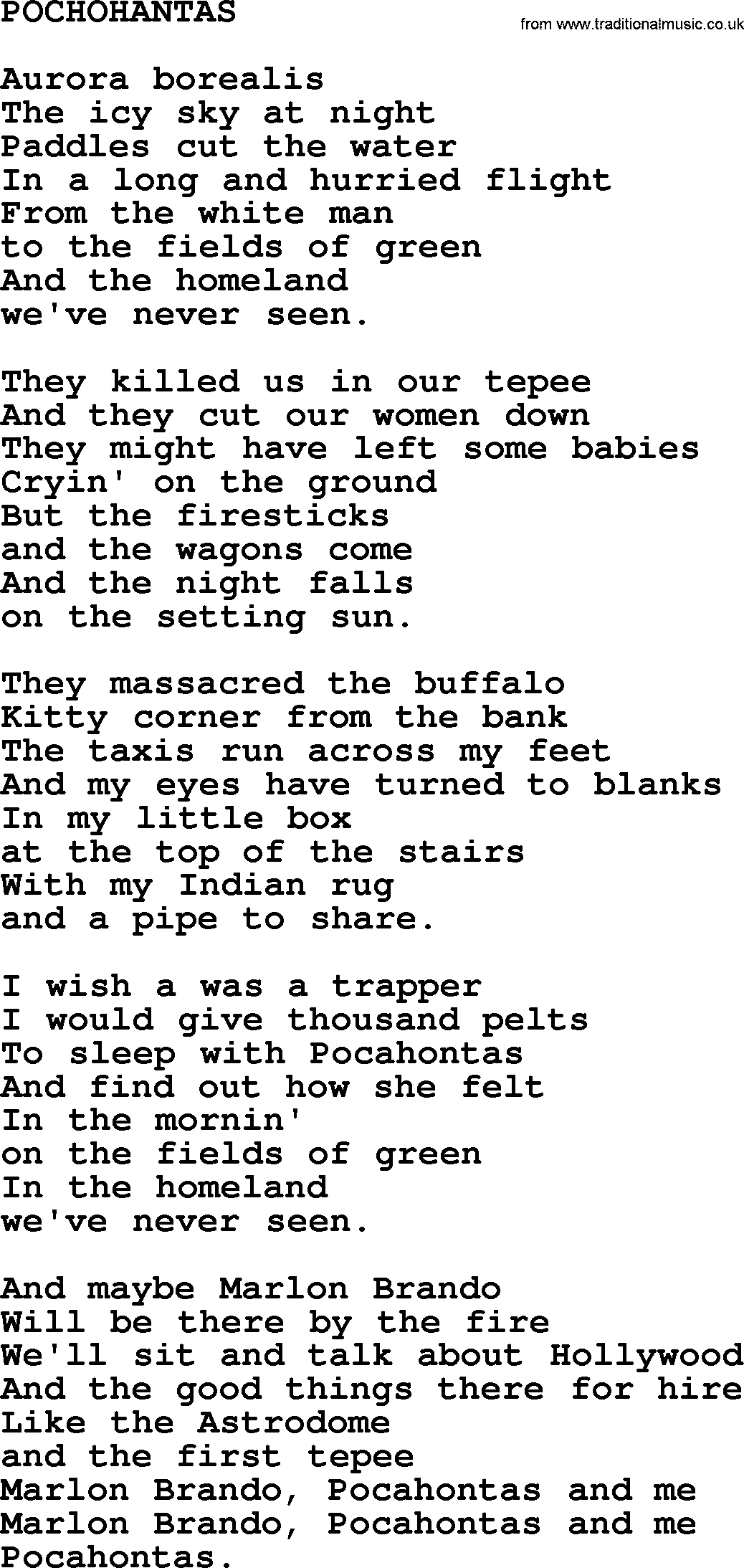Johnny Cash song Pochohantas.txt lyrics