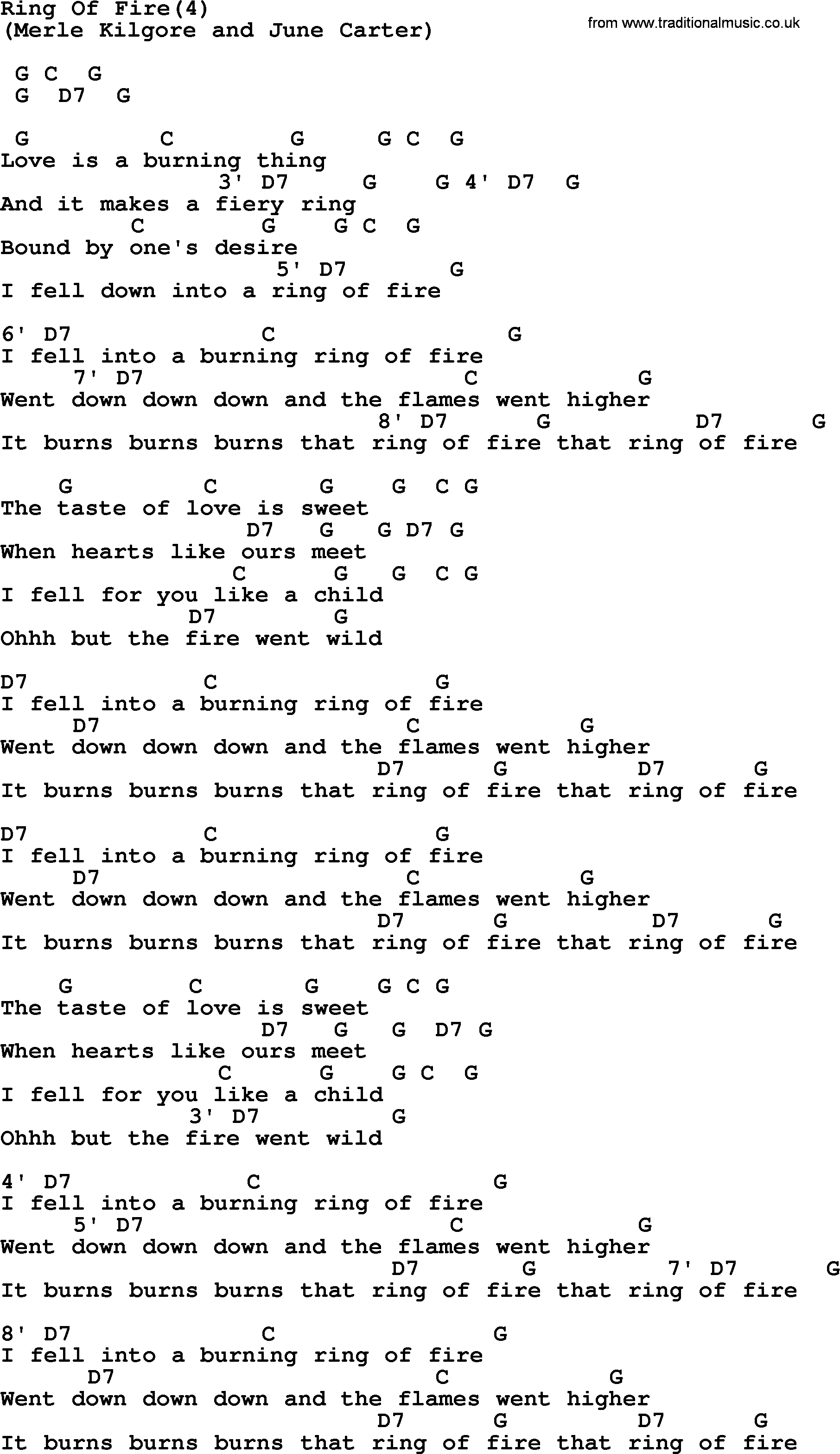 Johnny Cash song Ring Of Fire(4), lyrics and chords