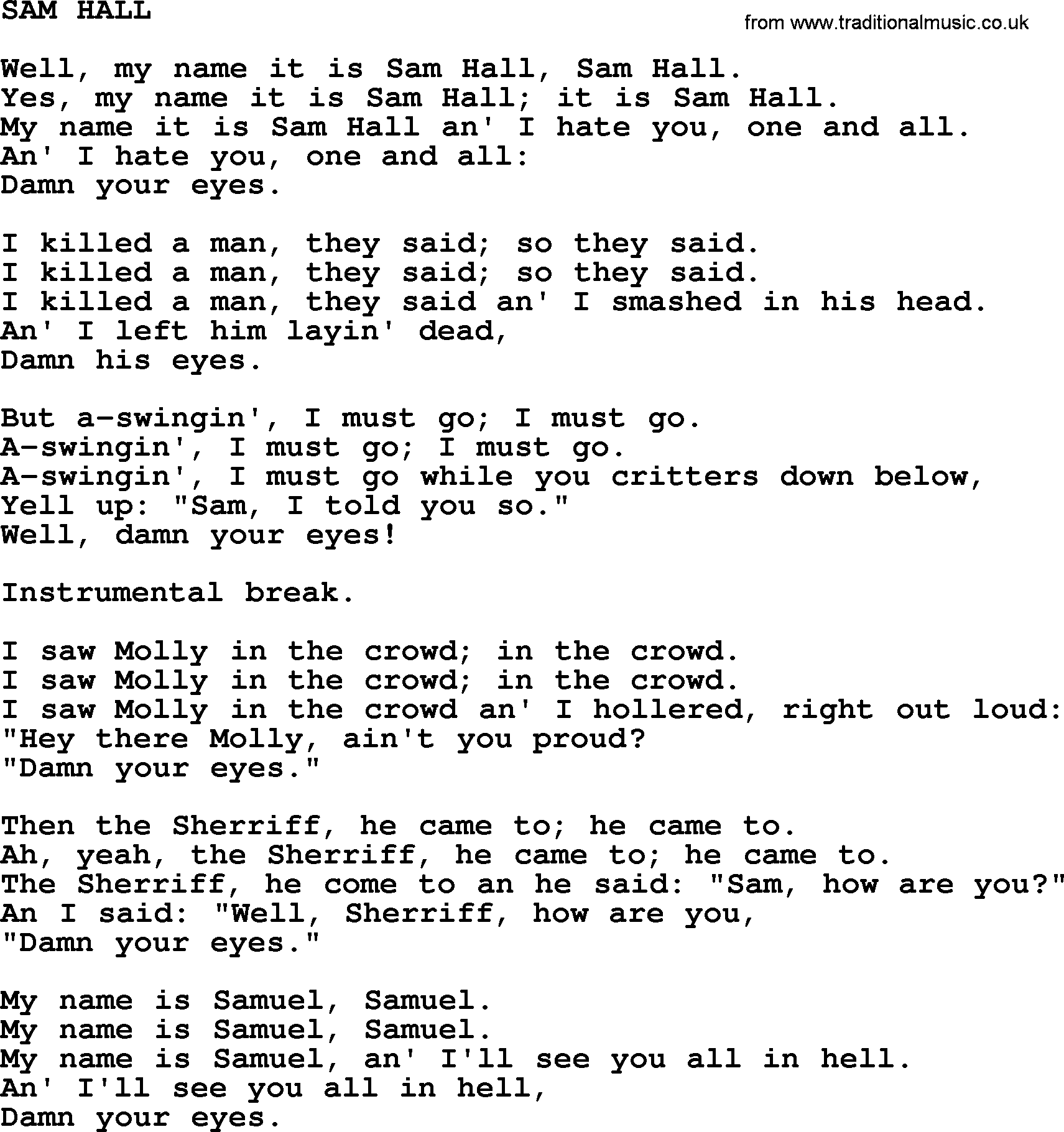 Johnny Cash song Sam Hall.txt lyrics