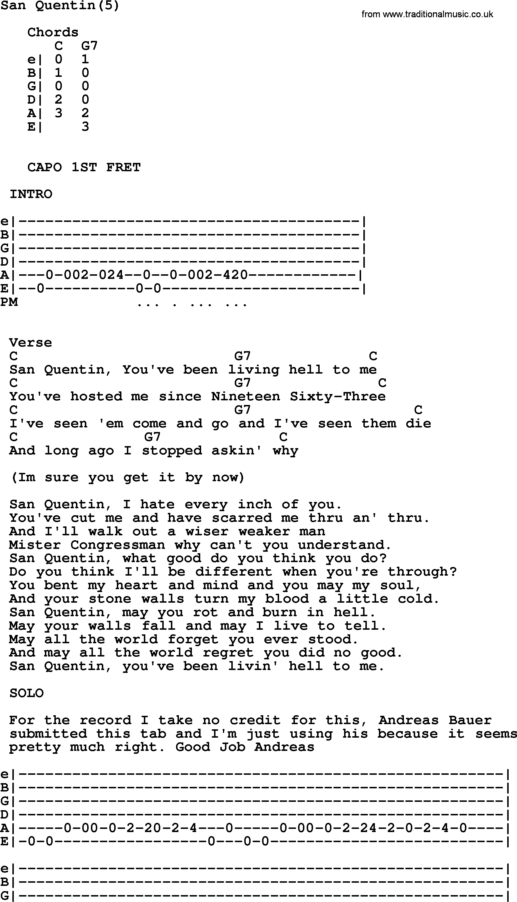Johnny Cash song San Quentin(5), lyrics and chords