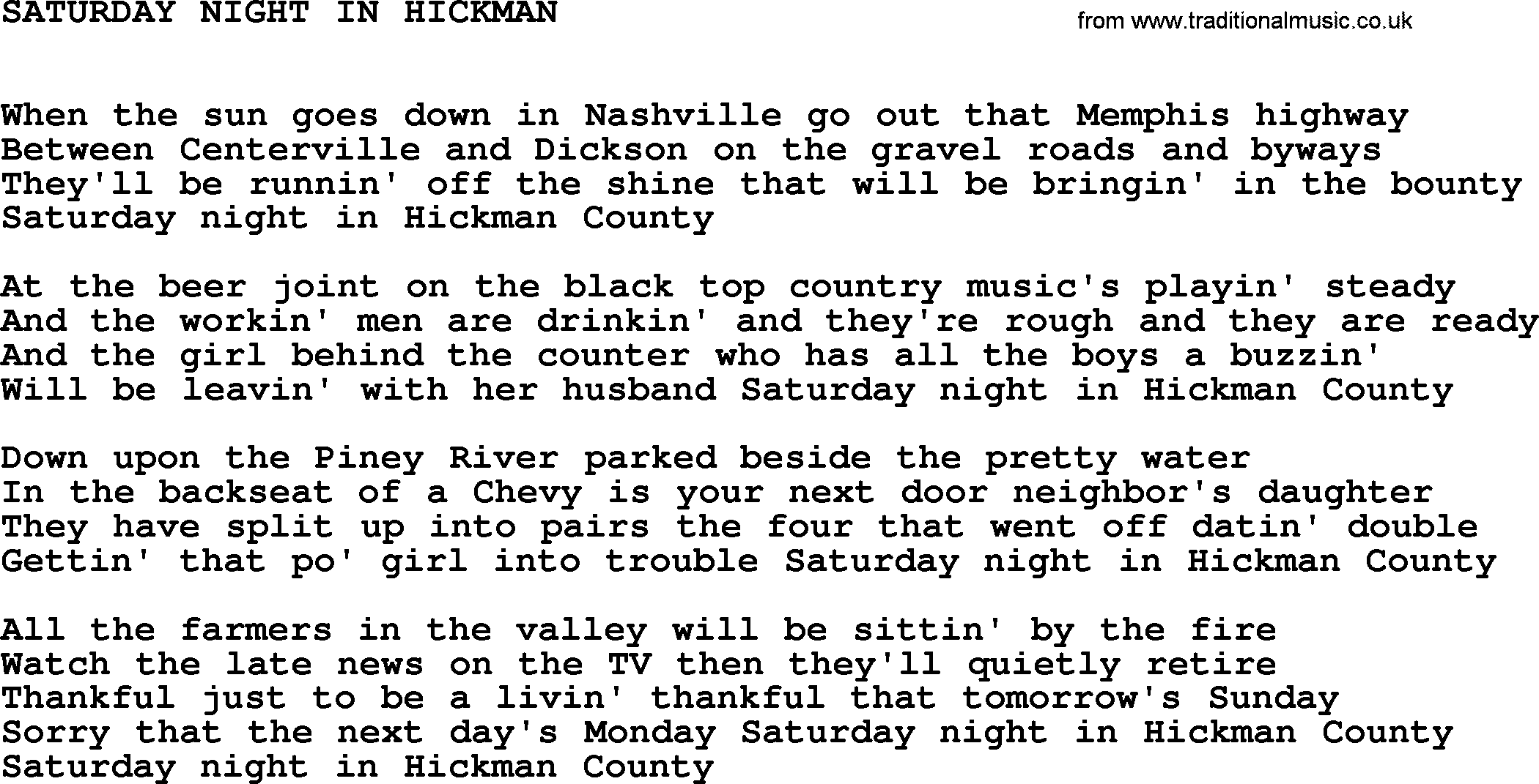 Johnny Cash song Saturday Night In Hickman.txt lyrics