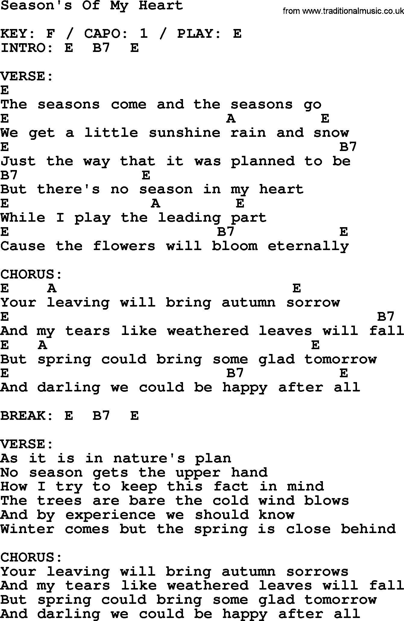 Johnny Cash song Season's Of My Heart, lyrics and chords