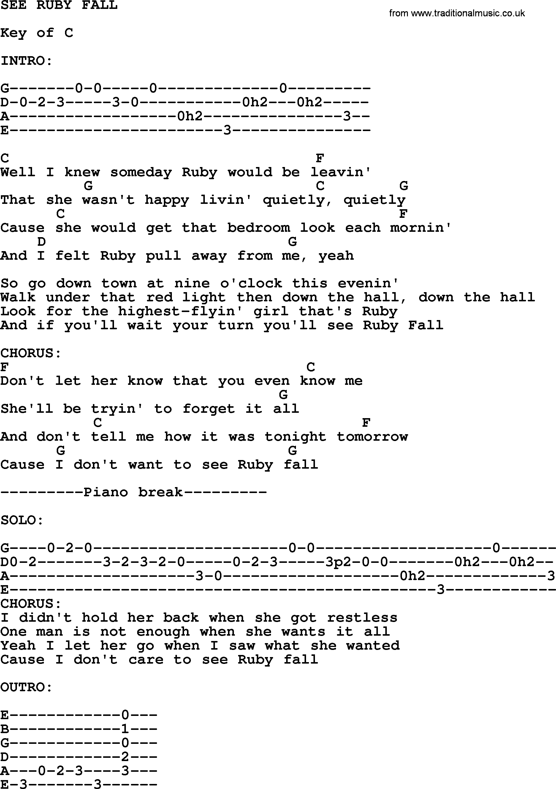 Johnny Cash song See Ruby Fall, lyrics and chords