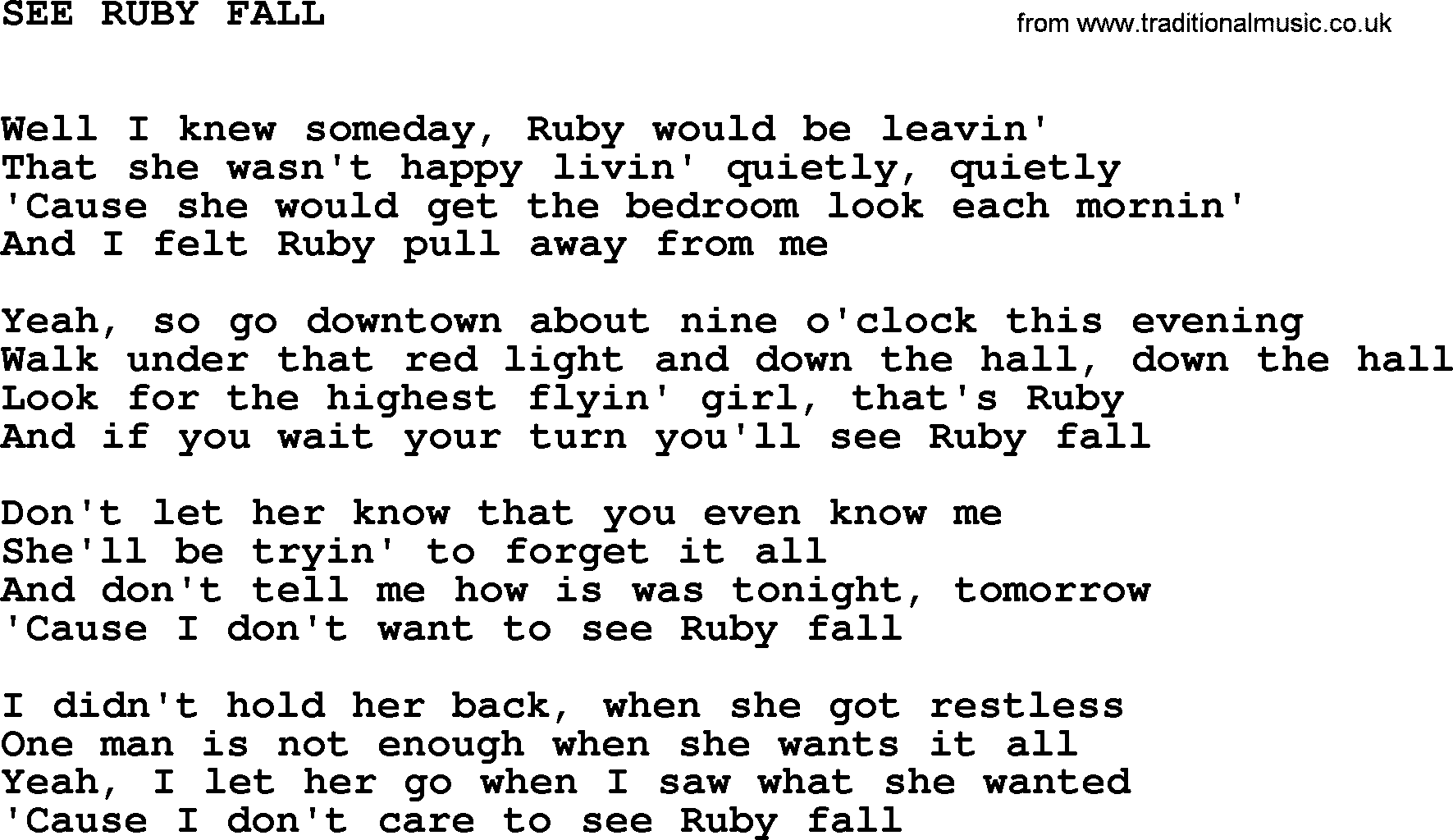 Johnny Cash song See Ruby Fall.txt lyrics
