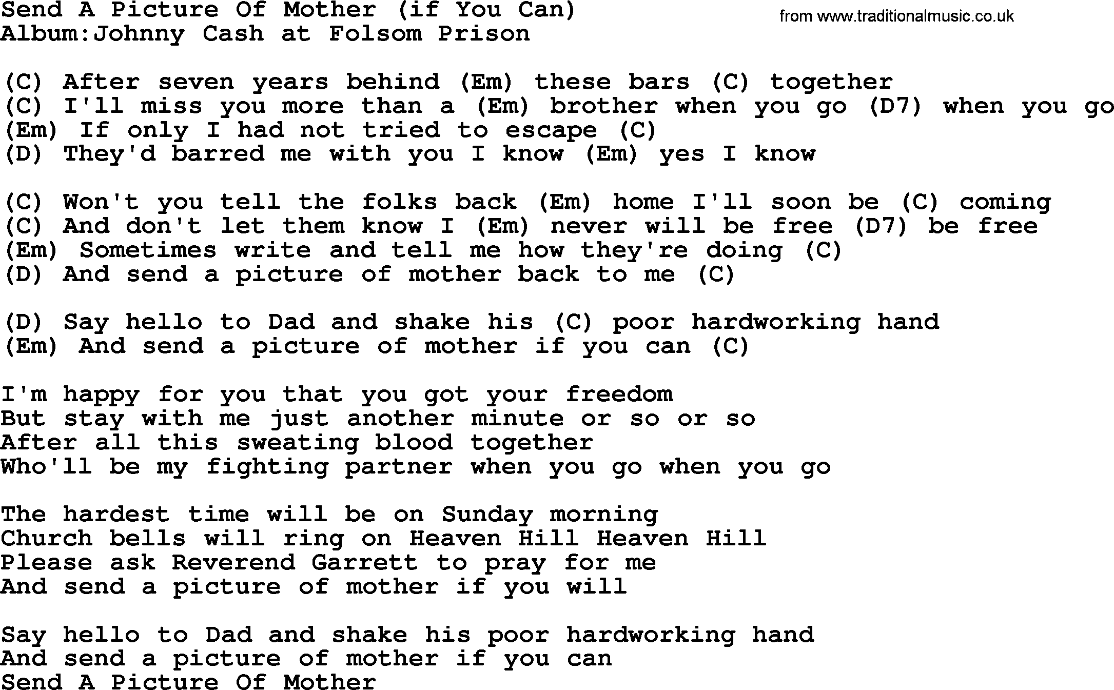 Johnny Cash song Send A Picture Of Mother(If You Can), lyrics and chords