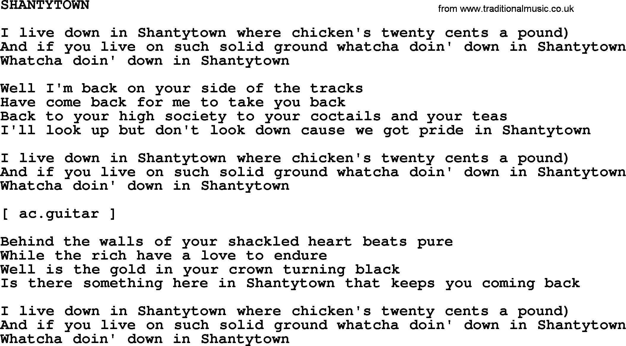 Johnny Cash song Shantytown.txt lyrics