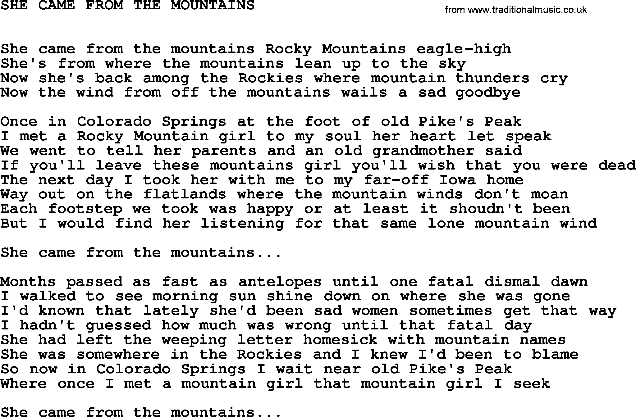 Johnny Cash song She Came From The Mountains.txt lyrics