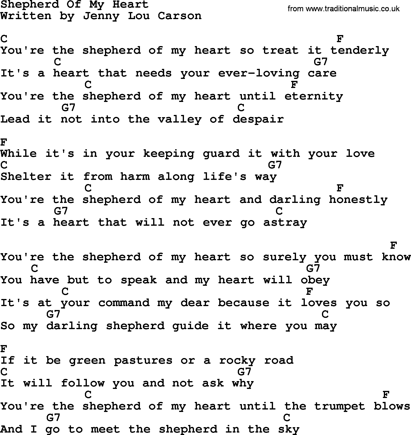 Johnny Cash song Shepherd Of My Heart, lyrics and chords