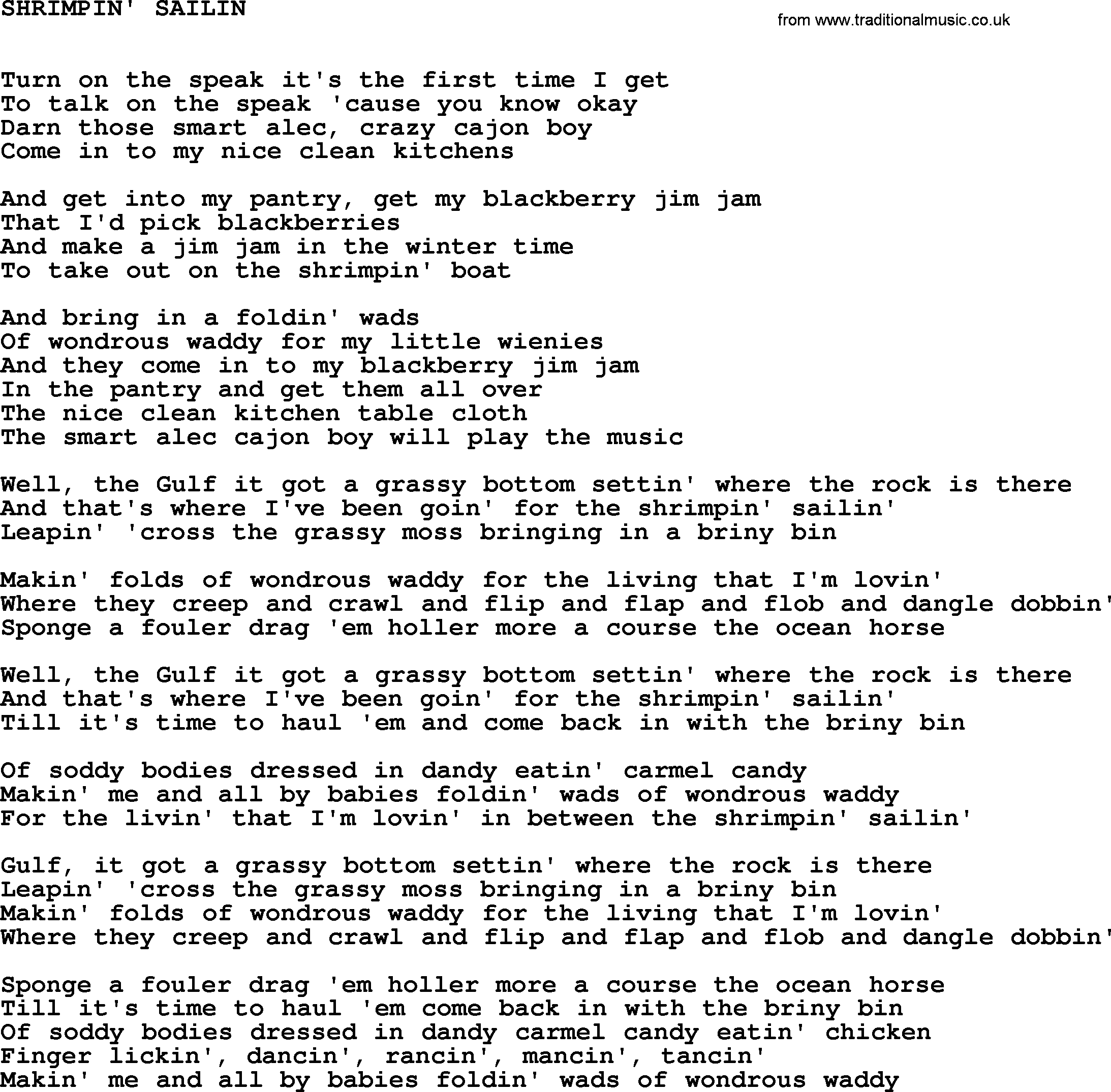 Johnny Cash song Shrimpin' Sailin.txt lyrics