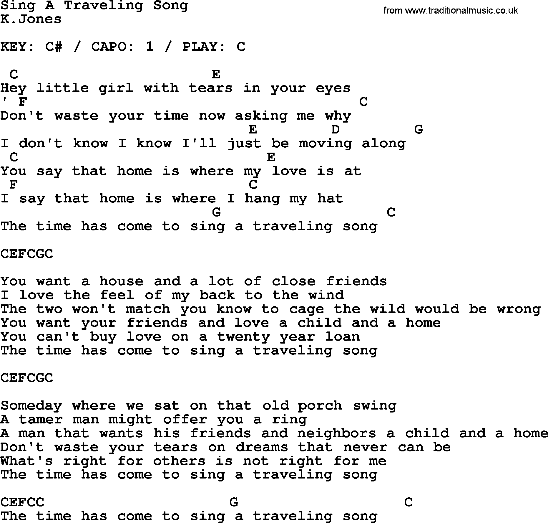 Johnny Cash song Sing A Traveling Song, lyrics and chords