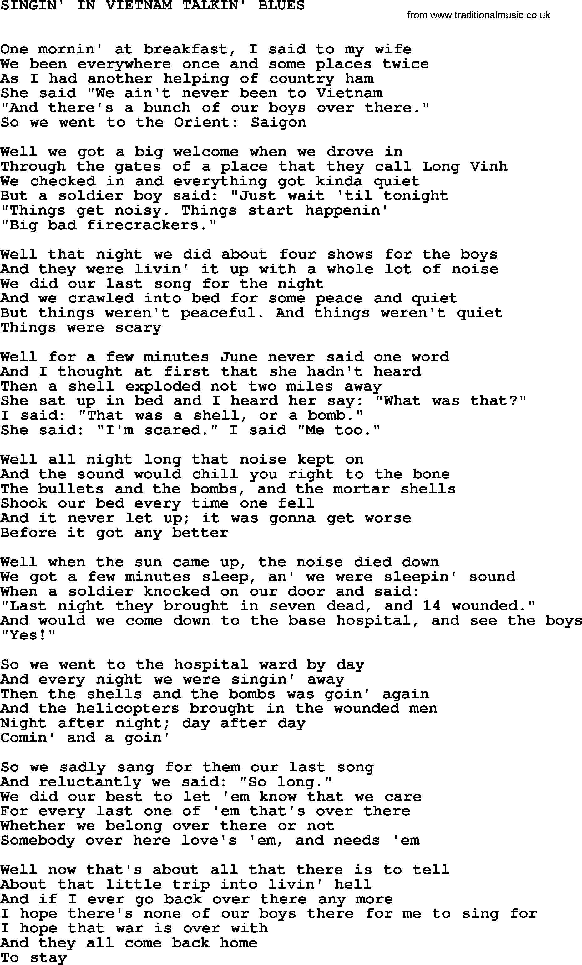 Johnny Cash song Singin' In Vietnam Talkin' Blues.txt lyrics