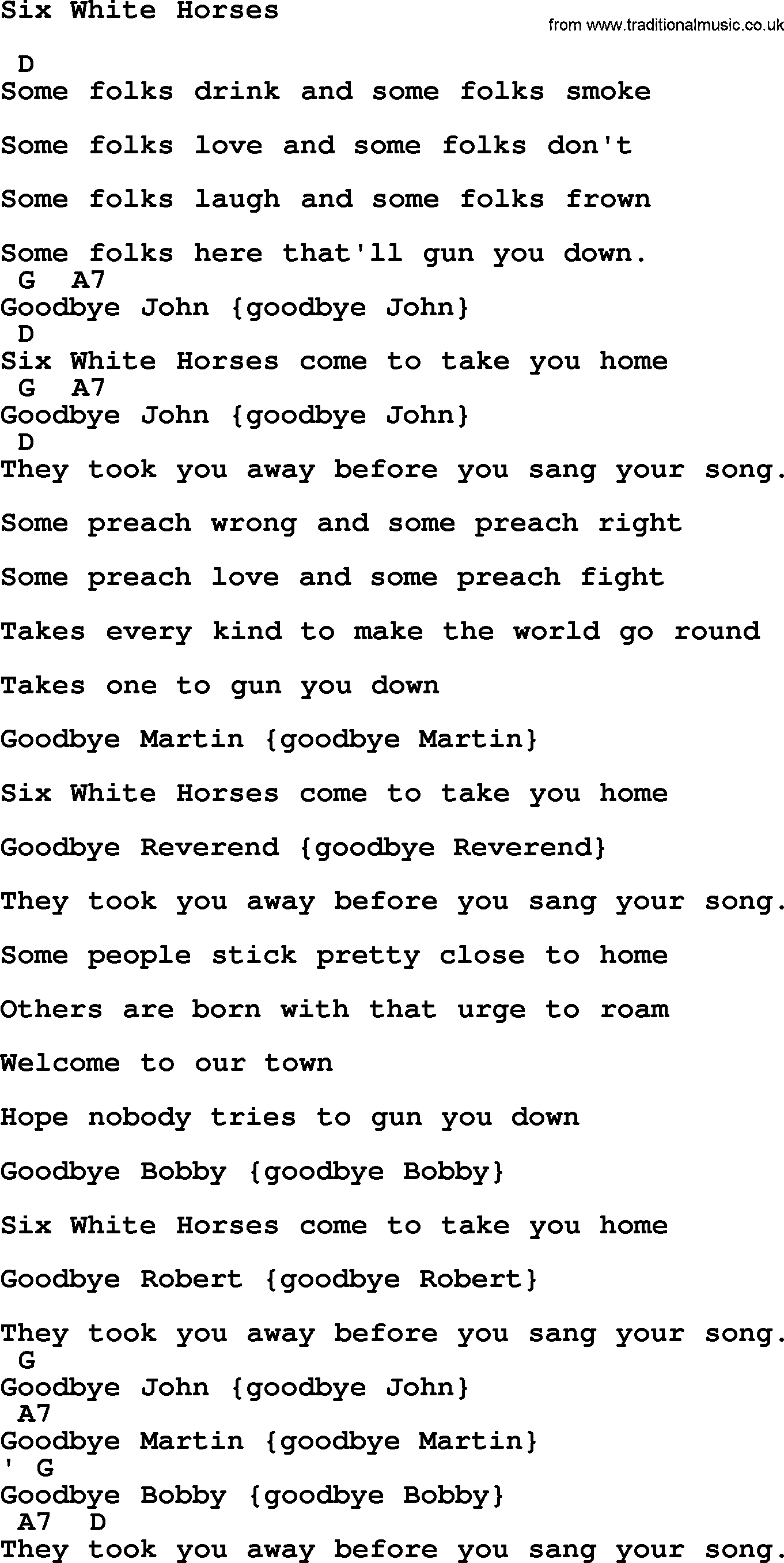 Johnny Cash song Six White Horses, lyrics and chords