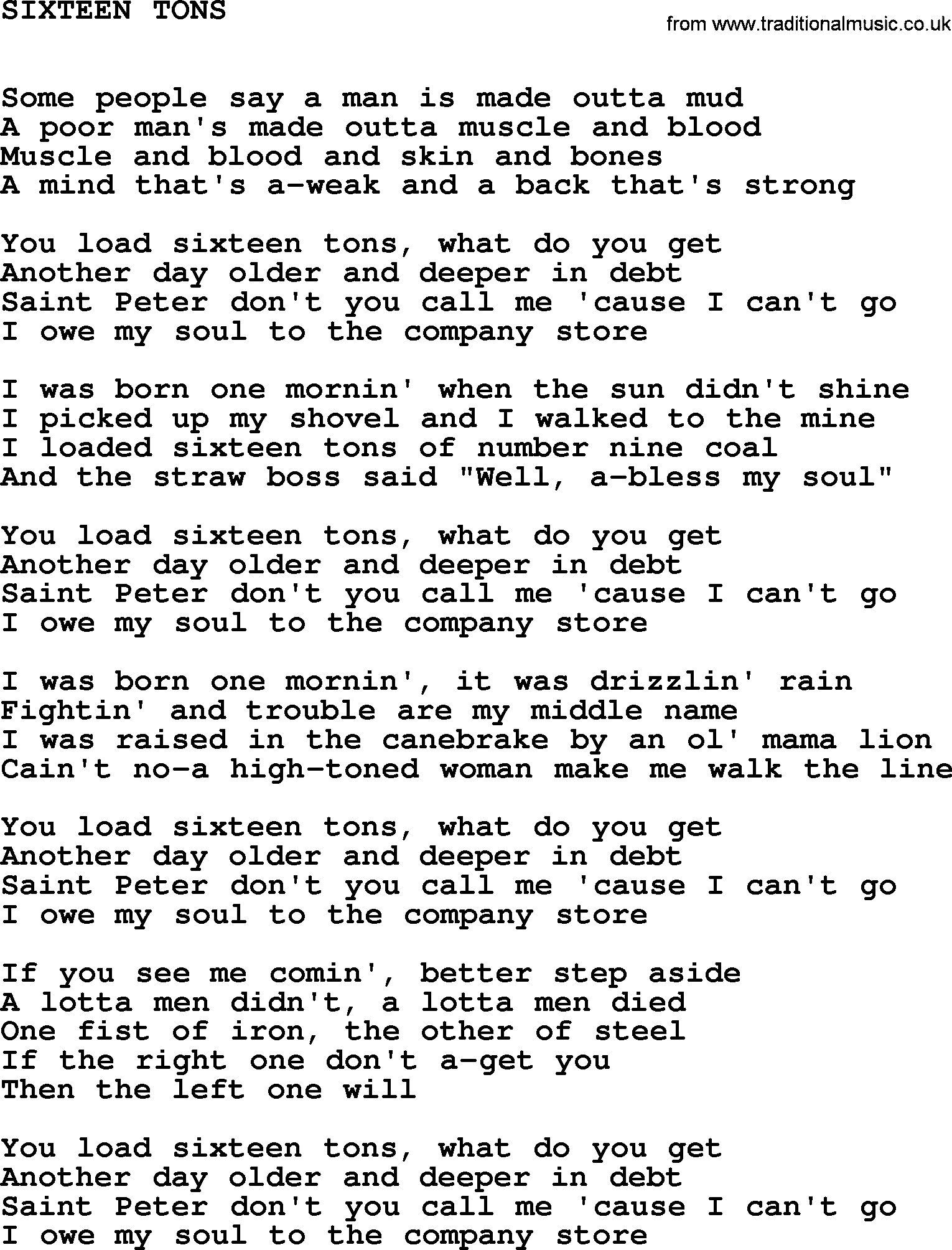 Johnny Cash song Sixteen Tons.txt lyrics