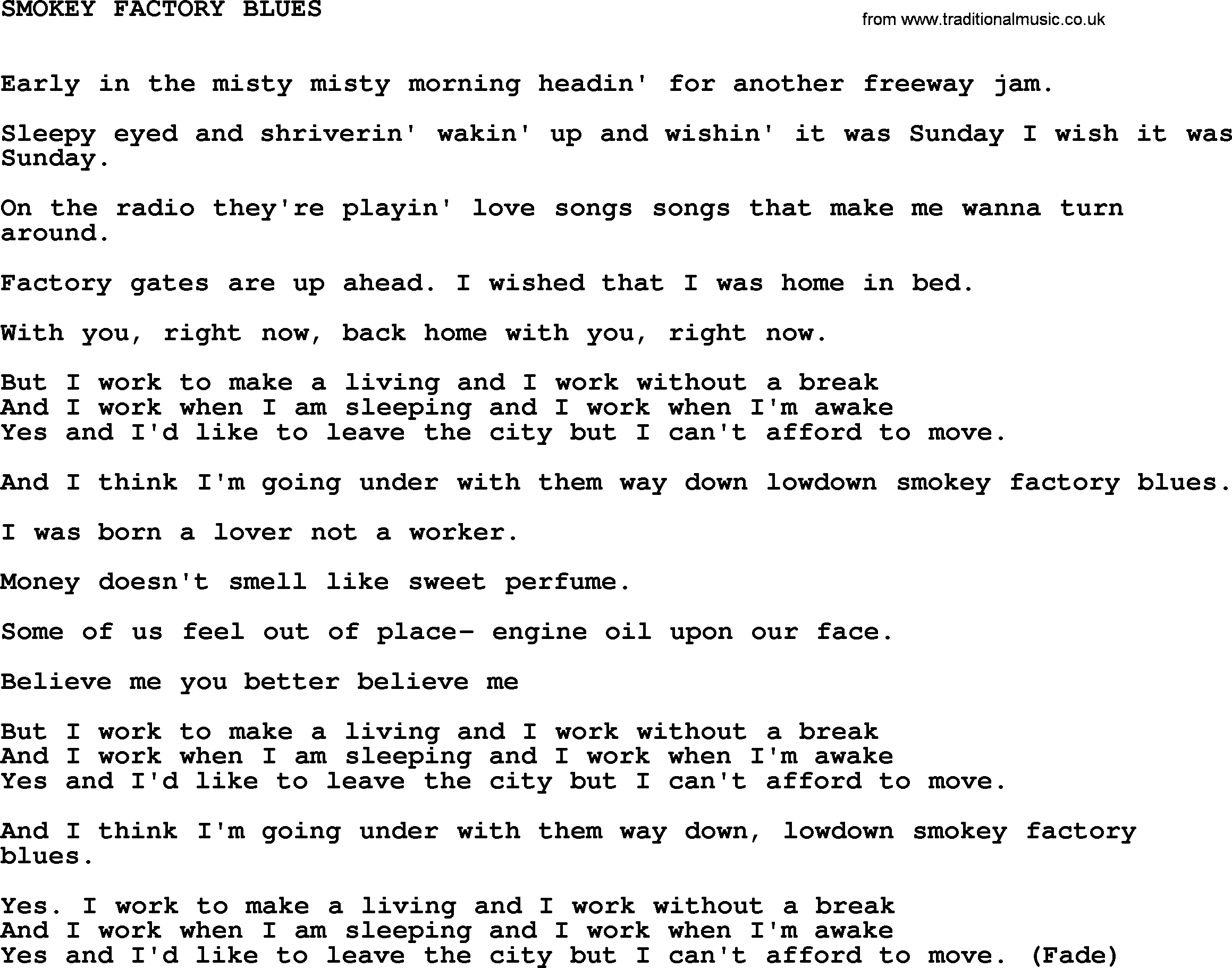 Johnny Cash song Smokey Factory Blues.txt lyrics