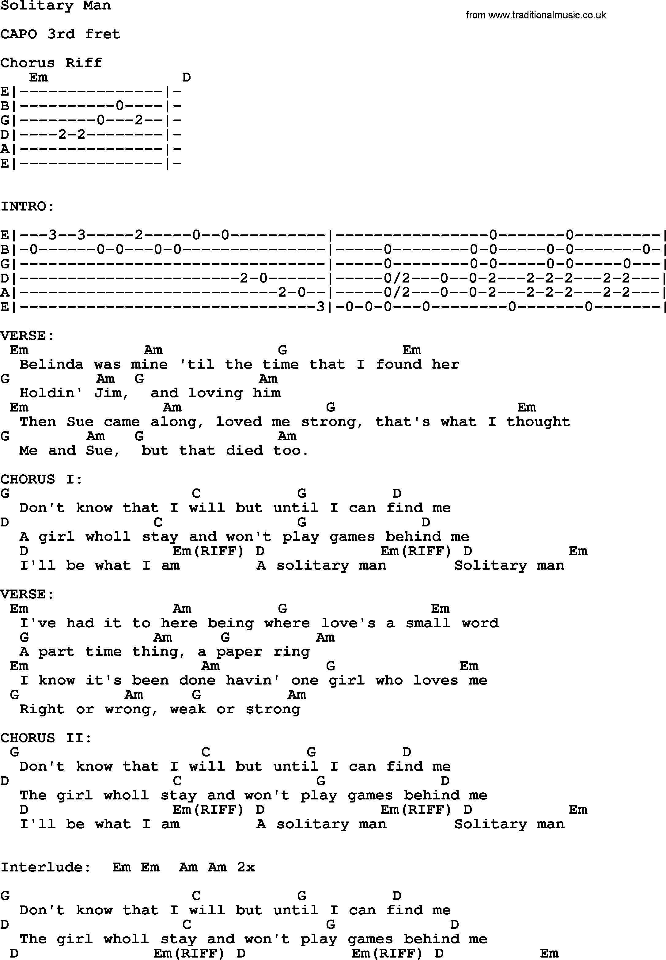 Johnny Cash song Solitary Man, lyrics and chords