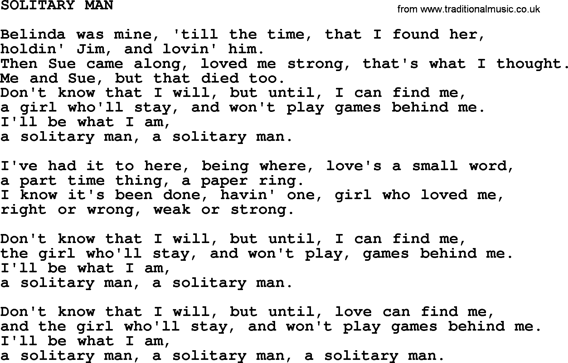 Johnny Cash song Solitary Man.txt lyrics