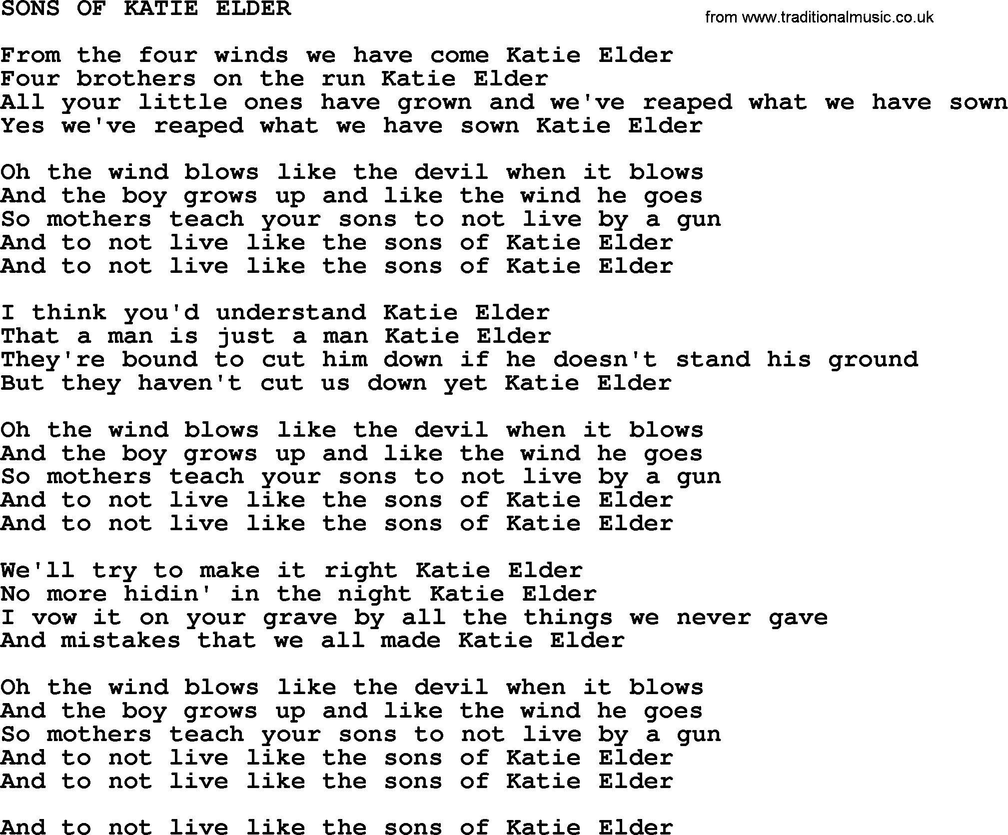 Johnny Cash song Sons Of Katie Elder.txt lyrics