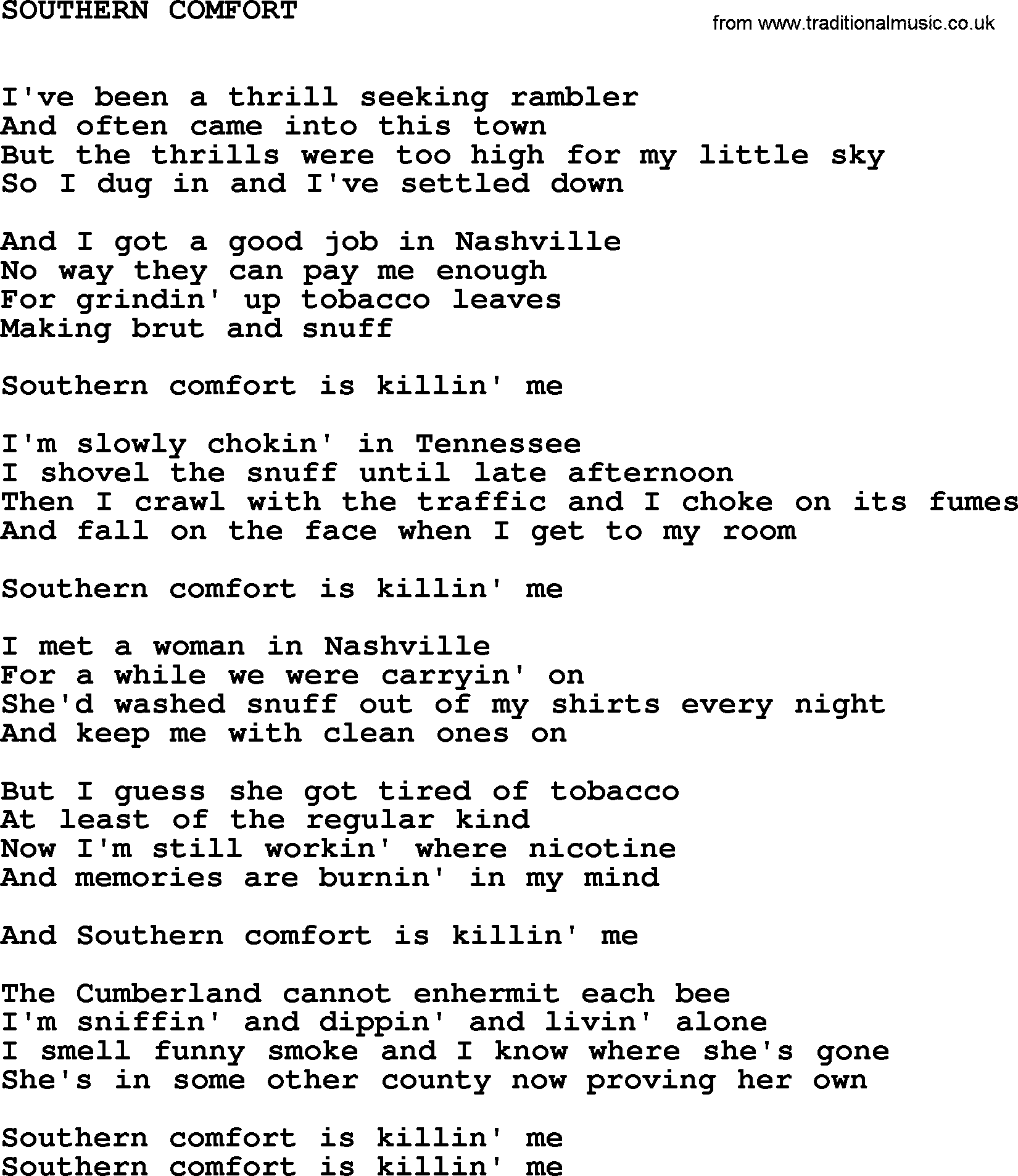 Johnny Cash song Southern Comfort.txt lyrics