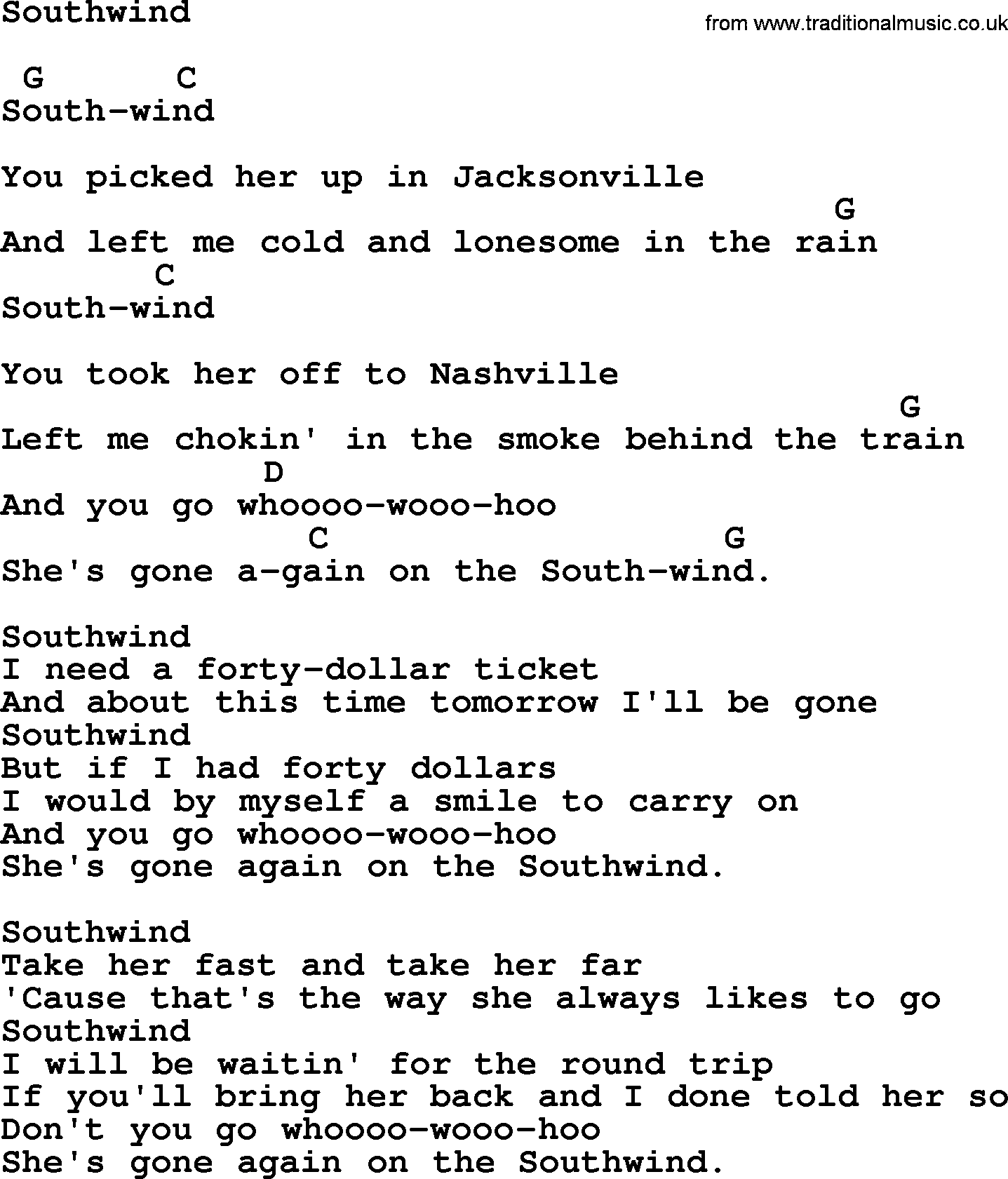 Johnny Cash song Southwind, lyrics and chords