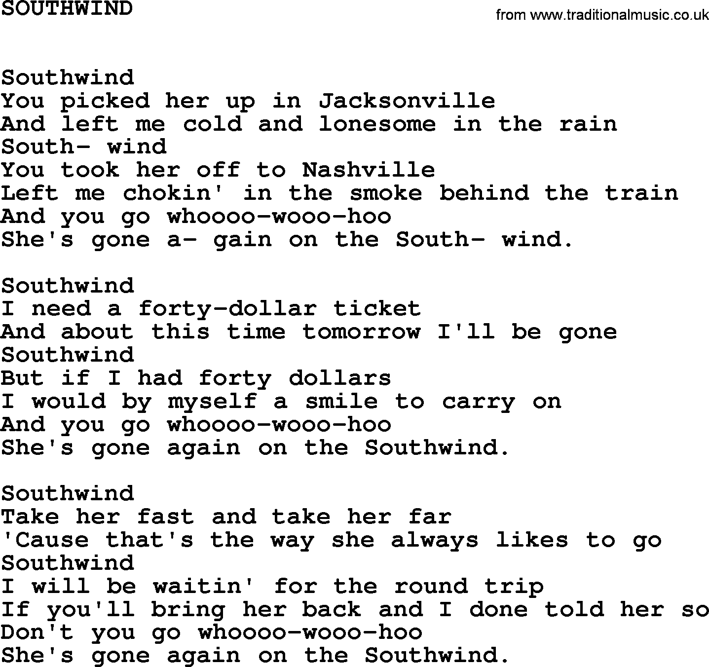 Johnny Cash song Southwind.txt lyrics