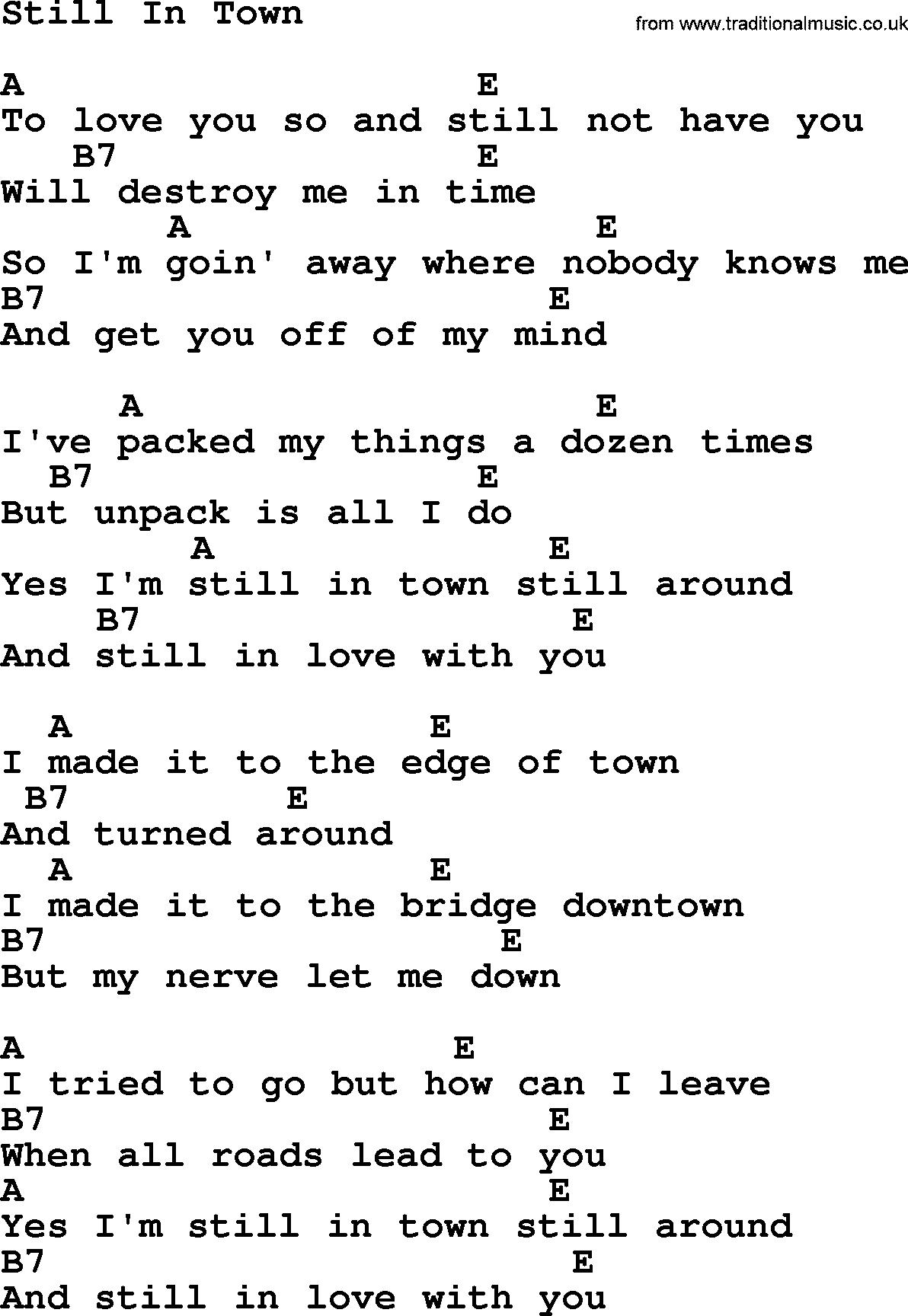 Johnny Cash song Still In Town, lyrics and chords