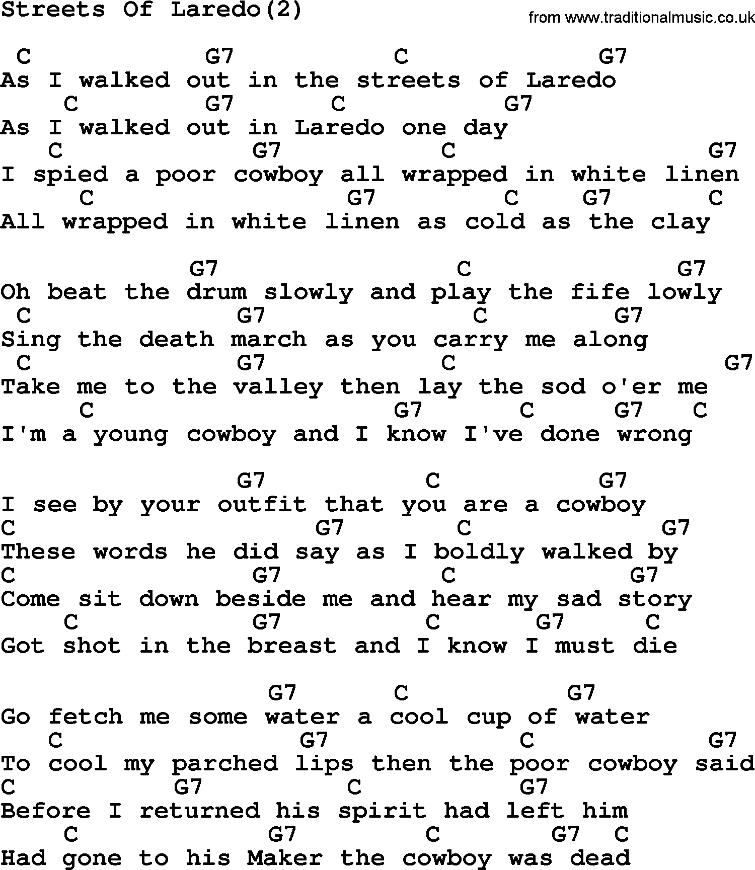 Johnny Cash song Streets Of Laredo(2), lyrics and chords