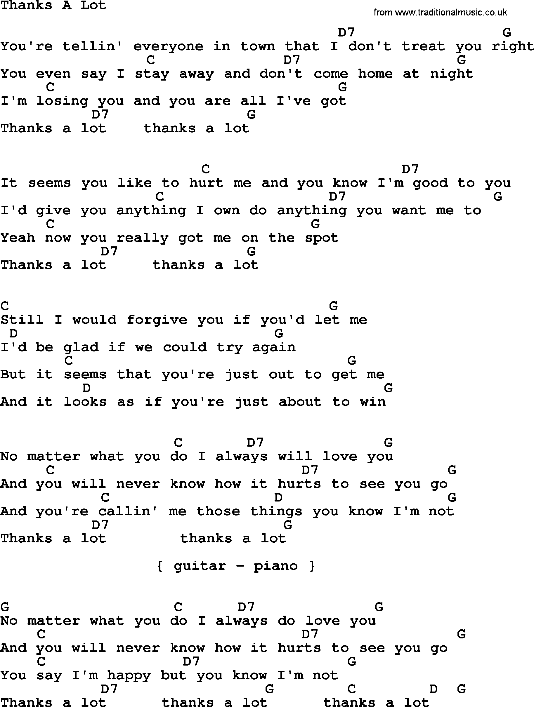 Johnny Cash song Thanks A Lot, lyrics and chords