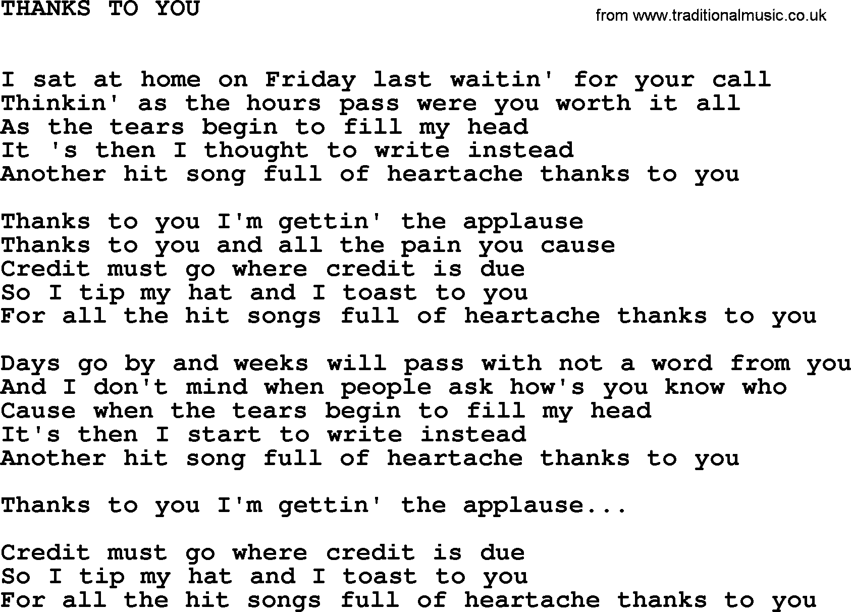 Johnny Cash song: Thanks To You, lyrics