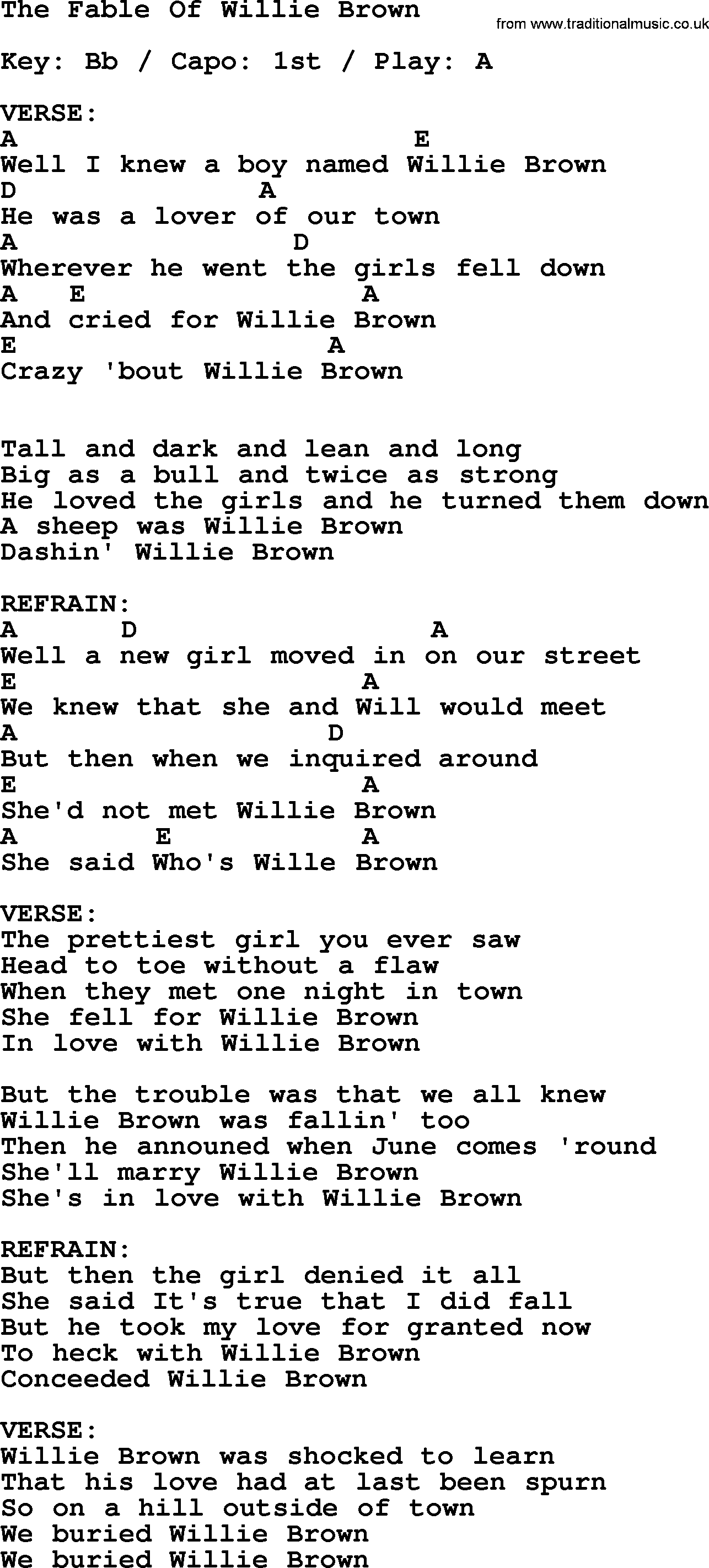 Johnny Cash song The Fable Of Willie Brown, lyrics and chords