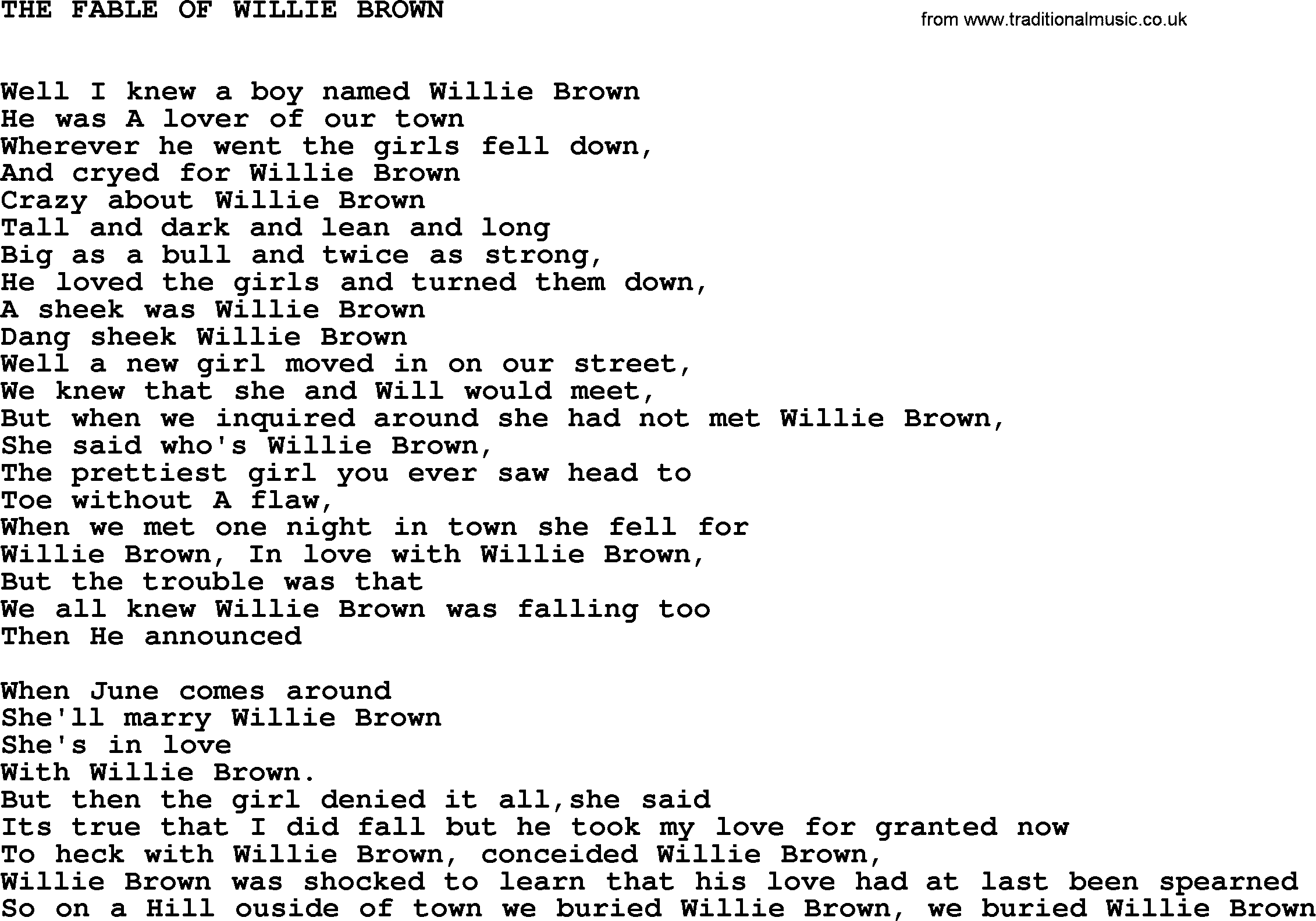 Johnny Cash song The Fable Of Willie Brown.txt lyrics