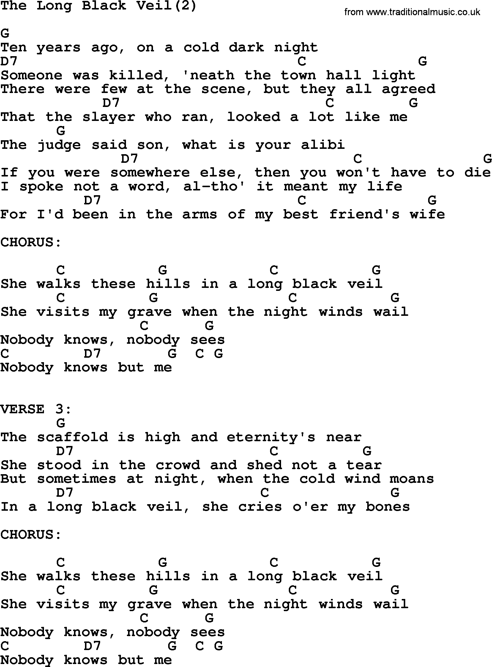 Johnny Cash song The Long Black Veil(2), lyrics and chords