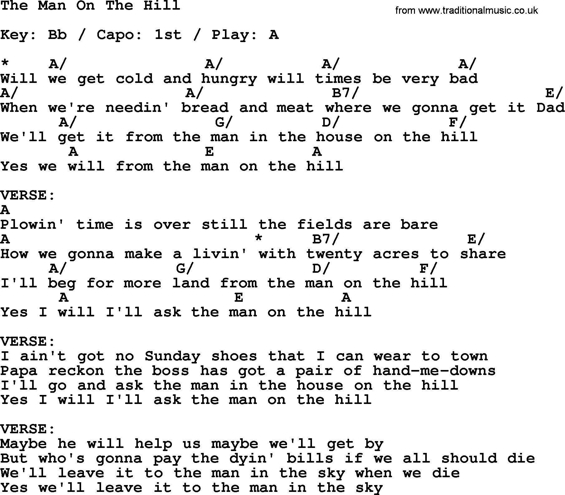 Johnny Cash song The Man On The Hill, lyrics and chords