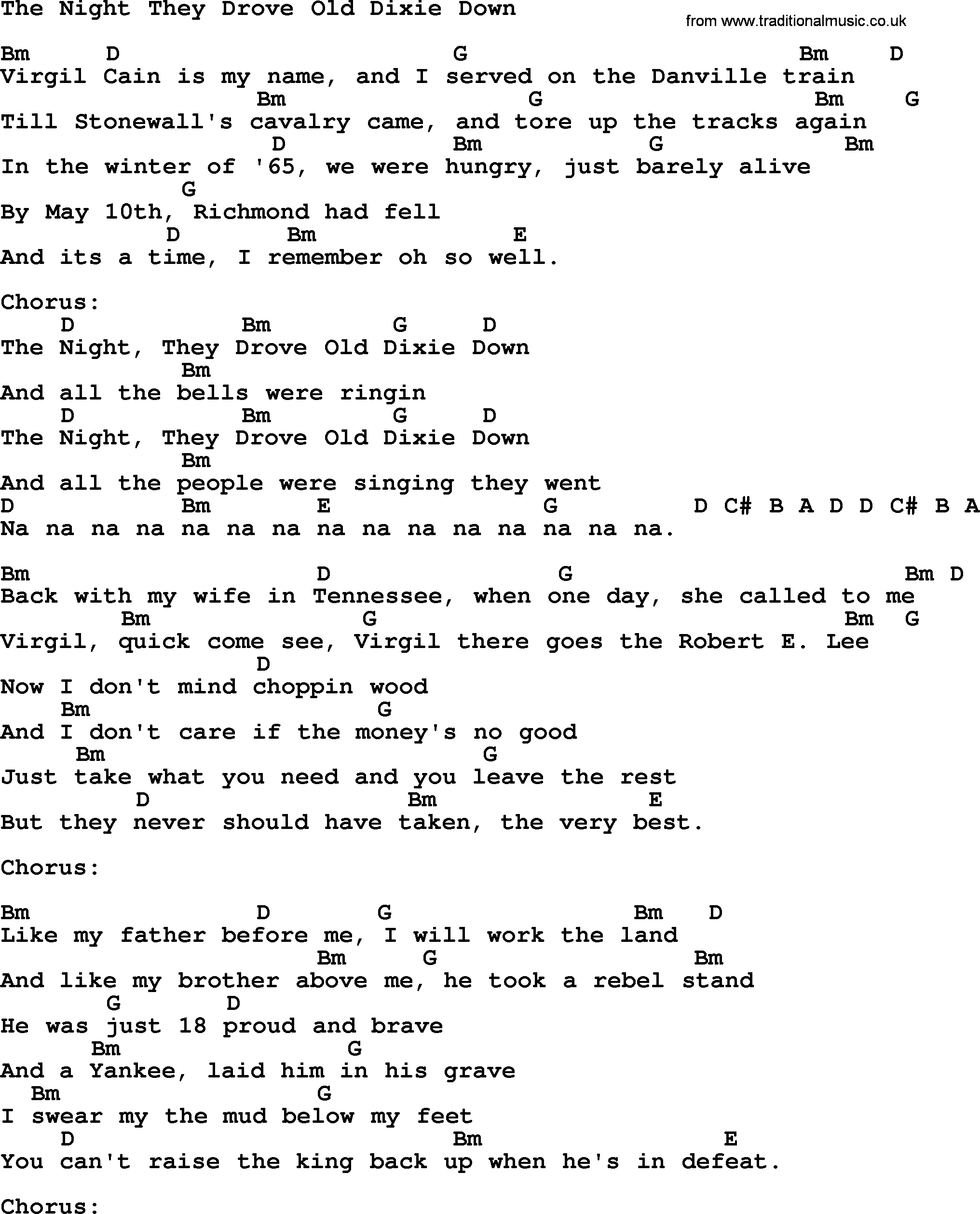 Johnny Cash song The Night They Drove Old Dixie Down, lyrics and chords
