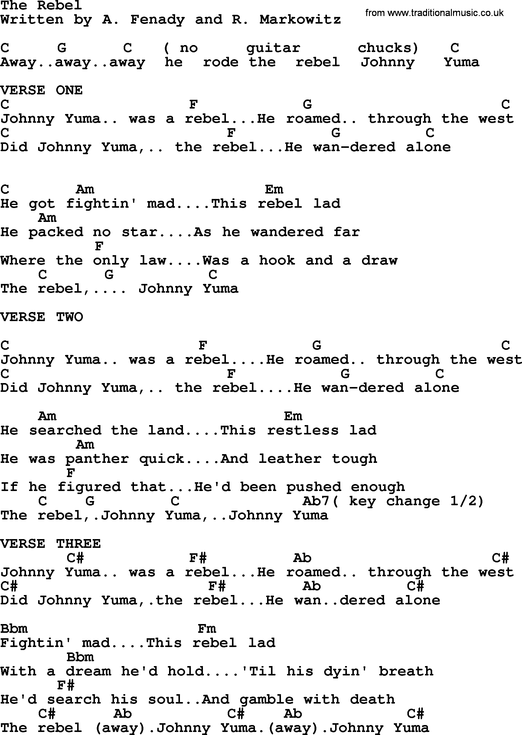 Johnny Cash song The Rebel, lyrics and chords