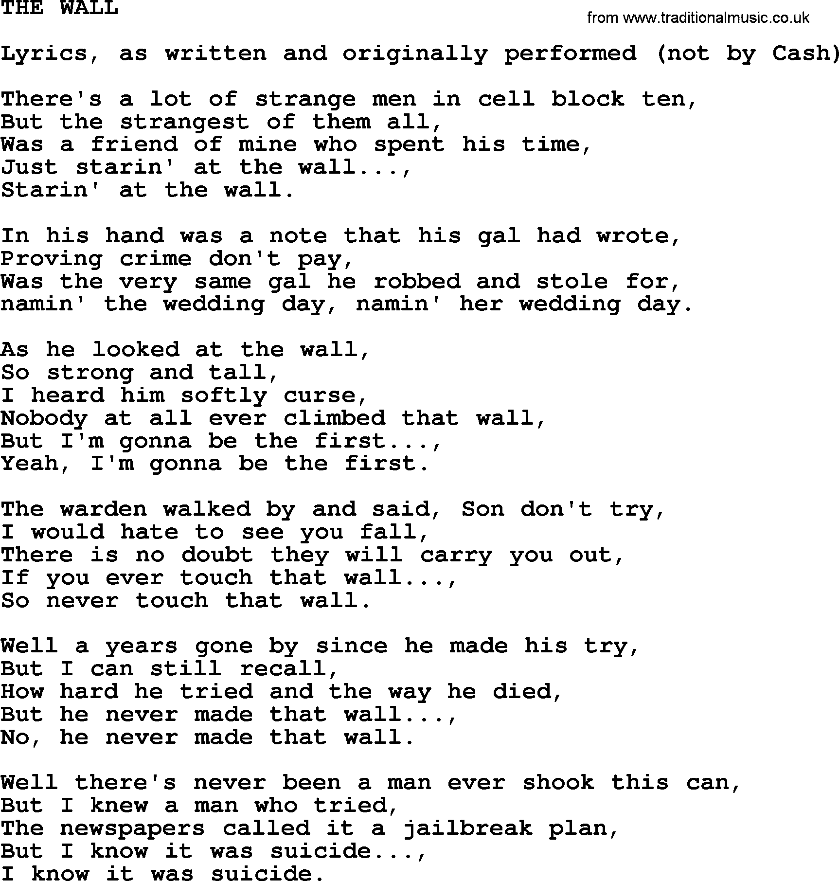 Johnny Cash song The Wall.txt lyrics