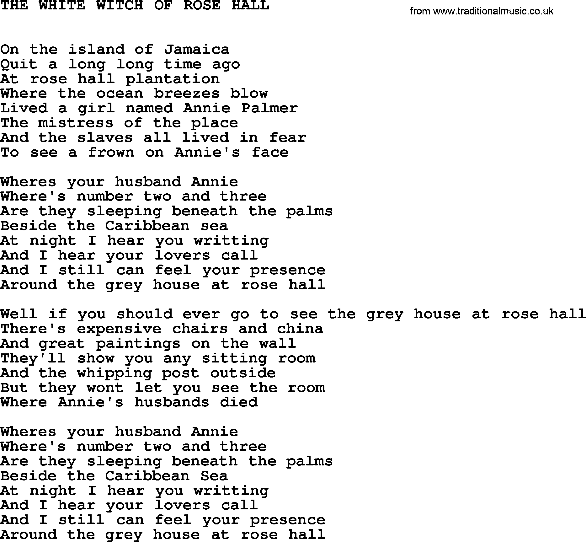 Johnny Cash song The White Witch Of Rose Hall.txt lyrics