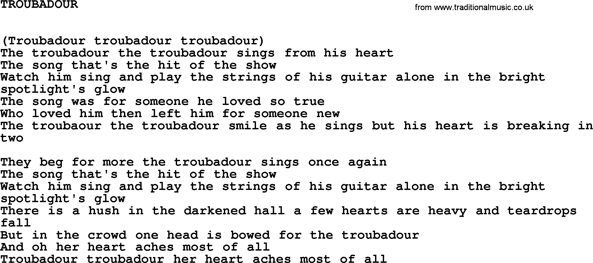 Johnny Cash song Troubadour.txt lyrics