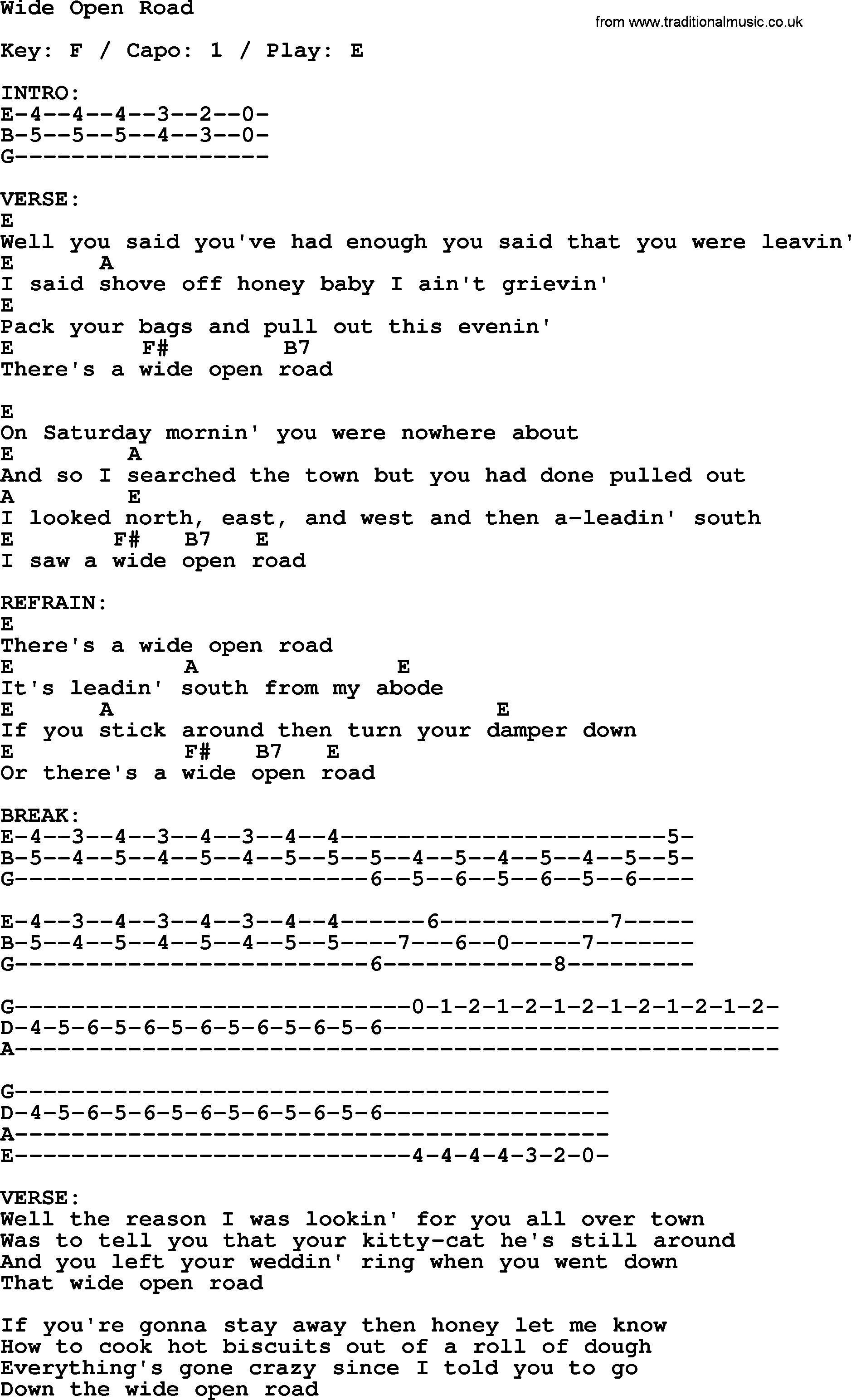 Johnny Cash song Wide Open Road, lyrics and chords