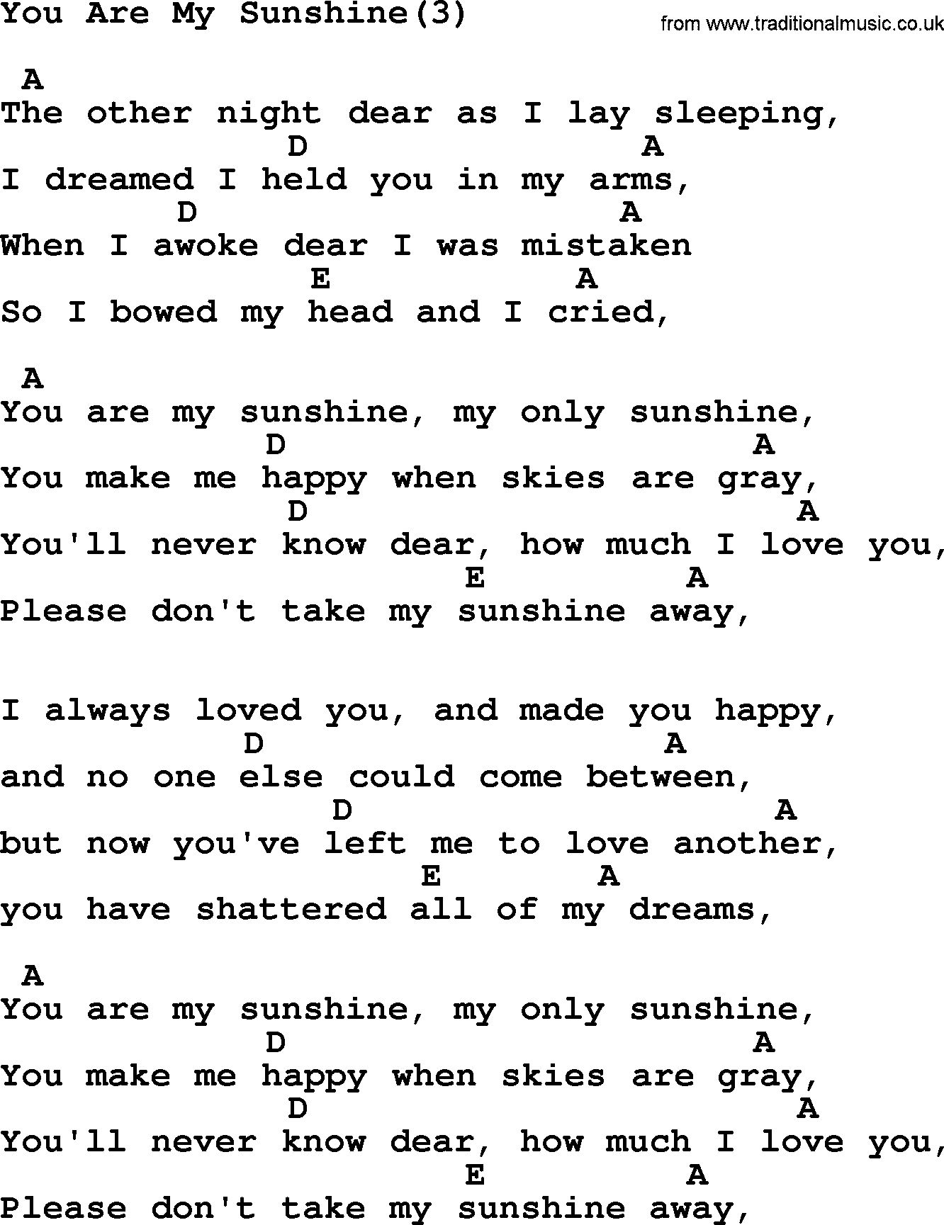 Johnny Cash song You Are My Sunshine(3), lyrics and chords